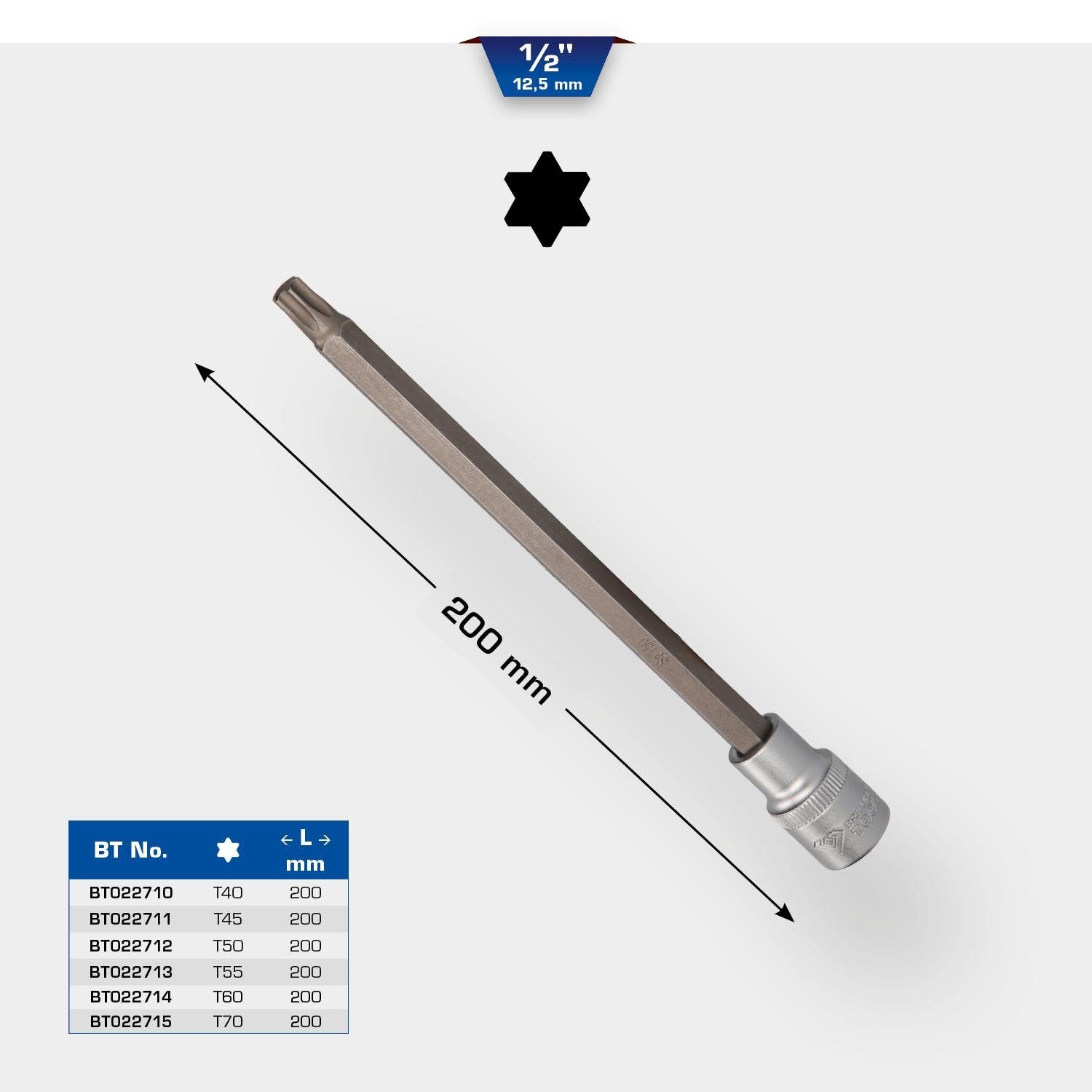 Bit-Set mm 1/2" lang, 200 Tools Torx-Bit-Stecknuss, Brilliant T70