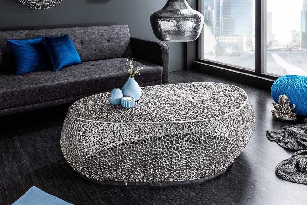 Couchtisch Extravaganter ca.120cm Handarbeit RIXOS Metall Couchtisch silber LebensWohnArt