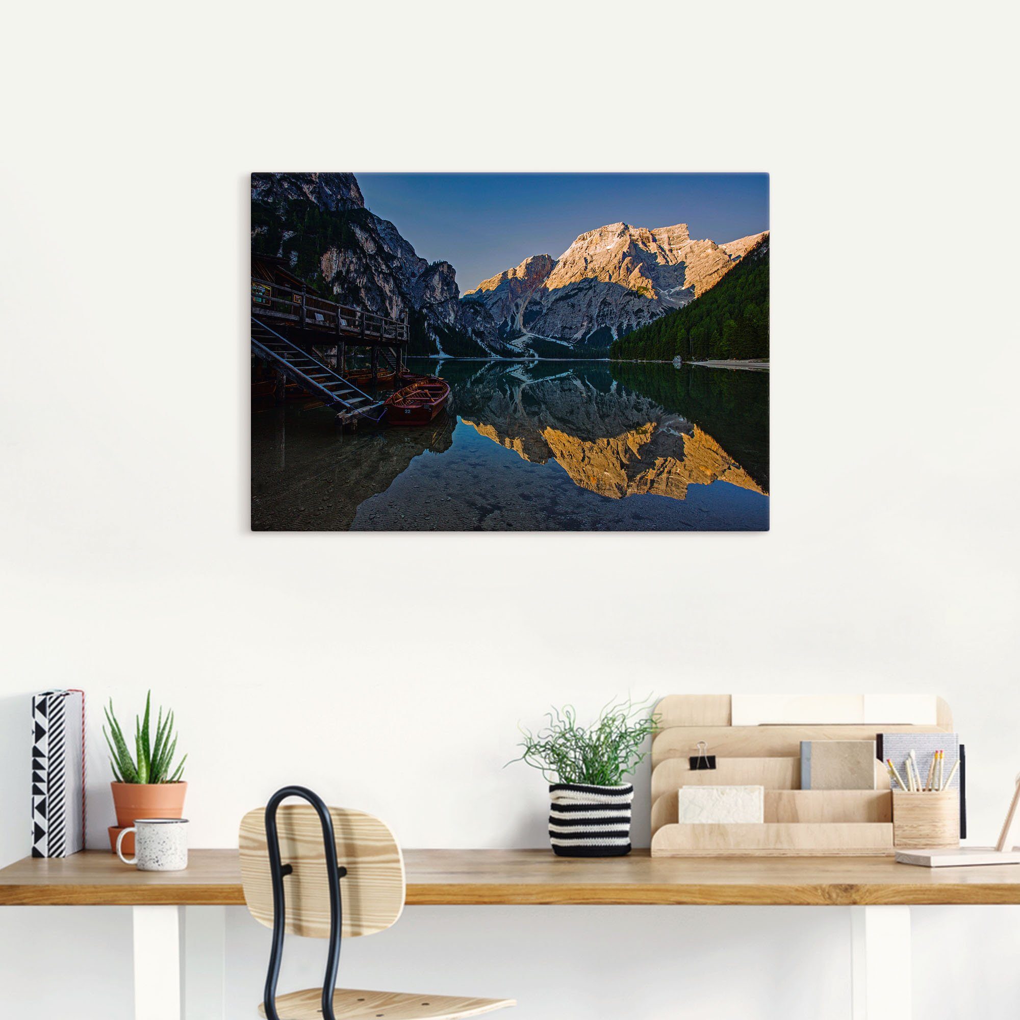 Berge Wildsee, Pragser & am St), in (1 als Alubild, Wandaufkleber Größen Artland versch. oder Alpenbilder Poster Leinwandbild, Morgens Wandbild