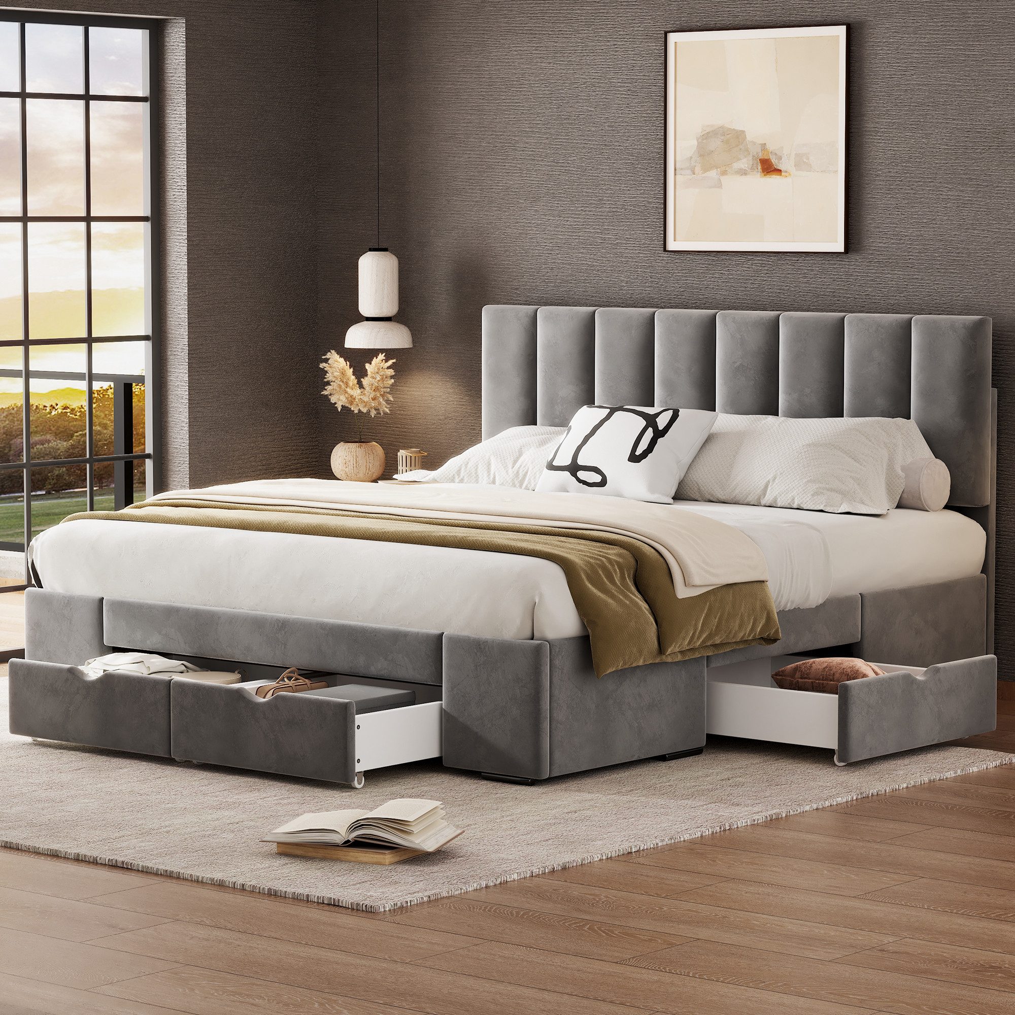 OKWISH Polsterbett Doppelbett Stauraumbett Bett mit Lattenrost (Mit 4 Schub günstig online kaufen