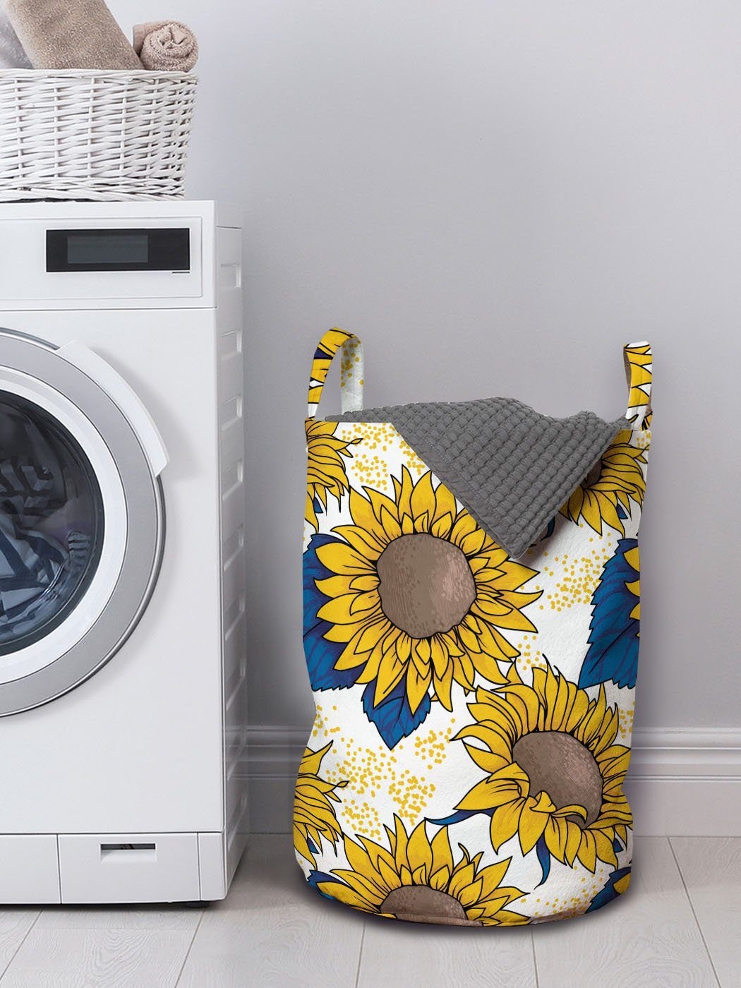 Ernteertrag für Abakuhaus Waschsalons, Sonnenblume mit Wäschesäckchen Grafik Griffen Wäschekorb Kordelzugverschluss