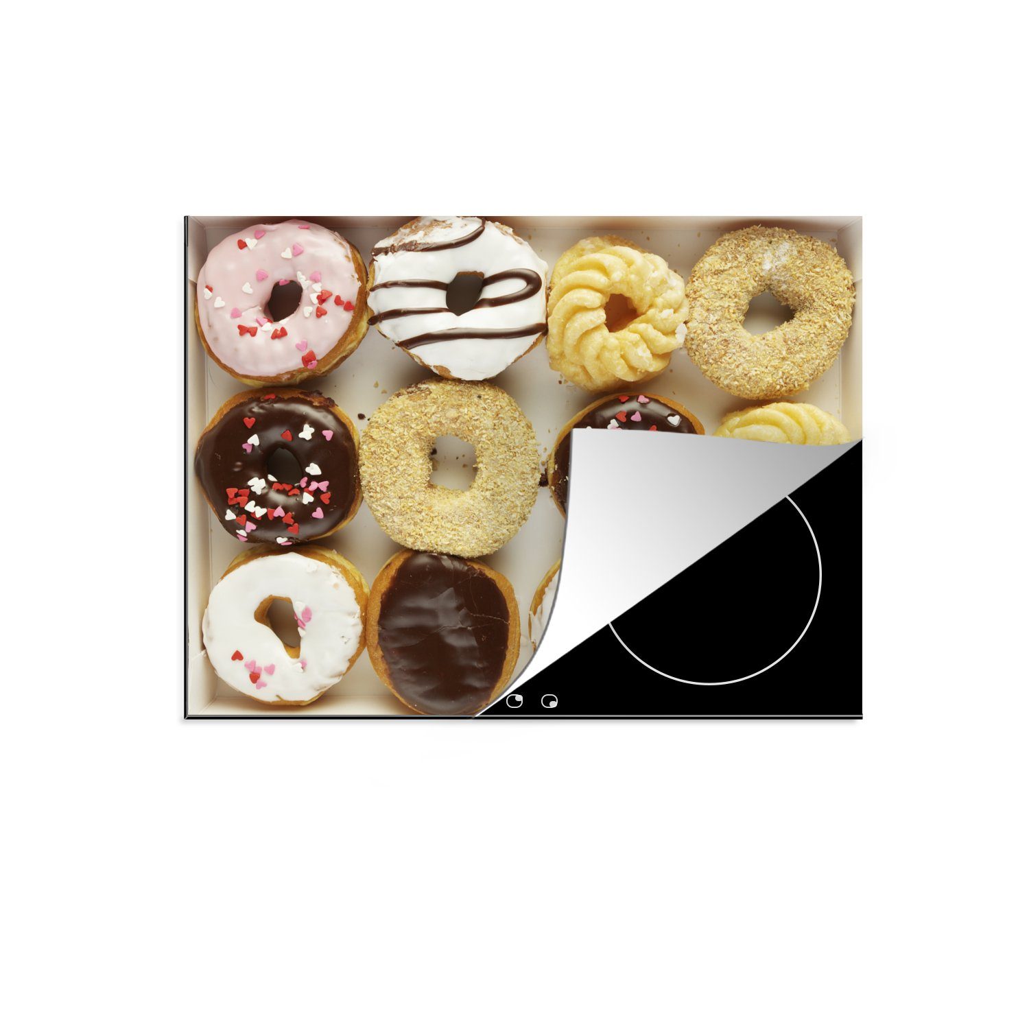 MuchoWow Herdblende-/Abdeckplatte Fastfood-Donuts in einer Schachtel, Vinyl, (1 tlg), 70x52 cm, Mobile Arbeitsfläche nutzbar, Ceranfeldabdeckung