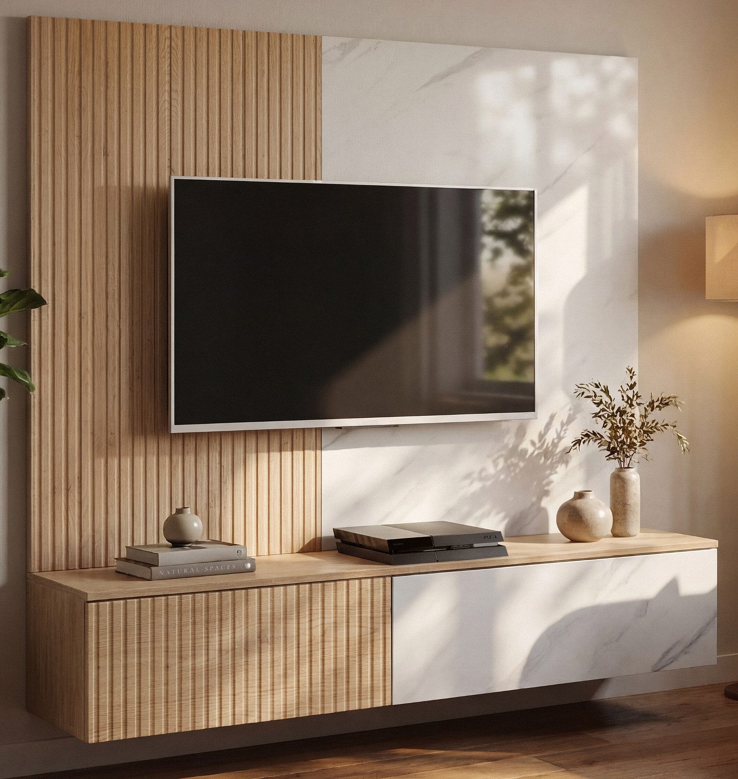 Inn.Furn Lowboard Arion (TV Schrank in Eiche mit Marmor, Set inkl. Wandpaneel, Breite 160 cm), mit Push-To-Open und Soft-Close