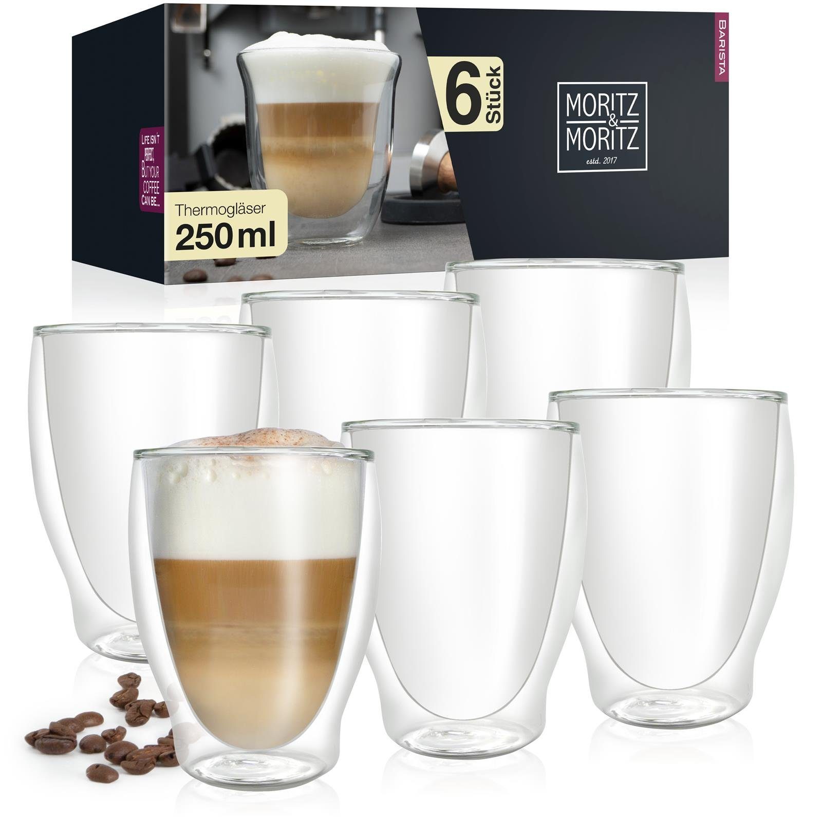 Moritz & Moritz Gläser-Set Moritz & Moritz Barista Milano 6 x 250 ml Doppelwand-Thermo-Gläser, Borosilikatglas, für Cappuccino Tee Heiß- und Kaltgetränke