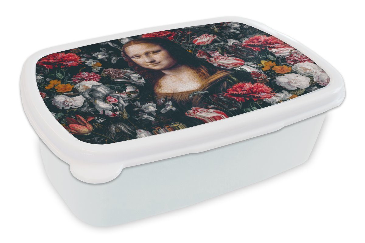 MuchoWow Lunchbox Mona Lisa - Da Vinci - Blumen - Gemälde, Kunststoff, (2-tlg), Brotbox für Kinder und Erwachsene, Brotdose, für Jungs und Mädchen weiß
