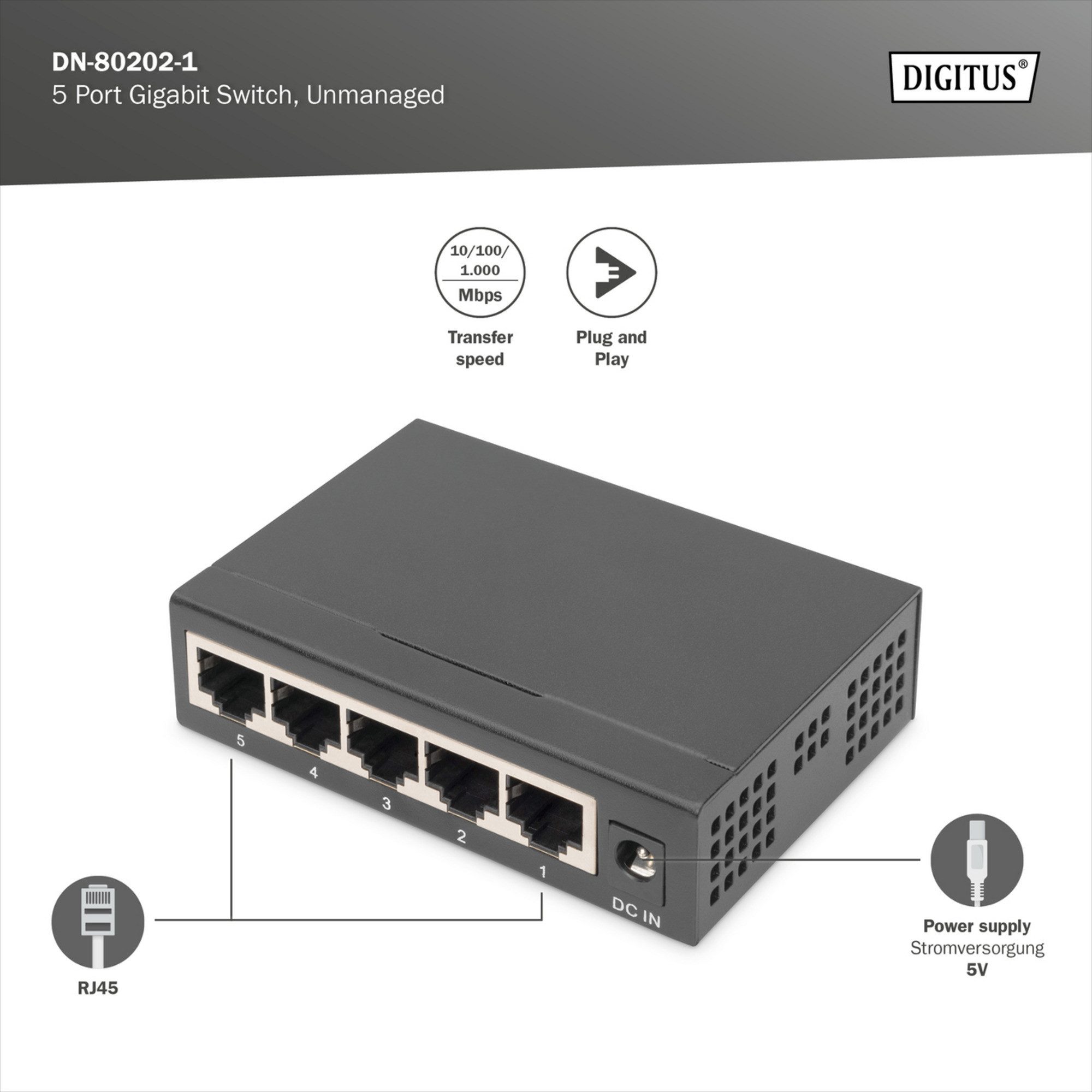 Digitus Digitus 5-Port Gigabit DN-80202-1, Switch Netzwerk-Switch