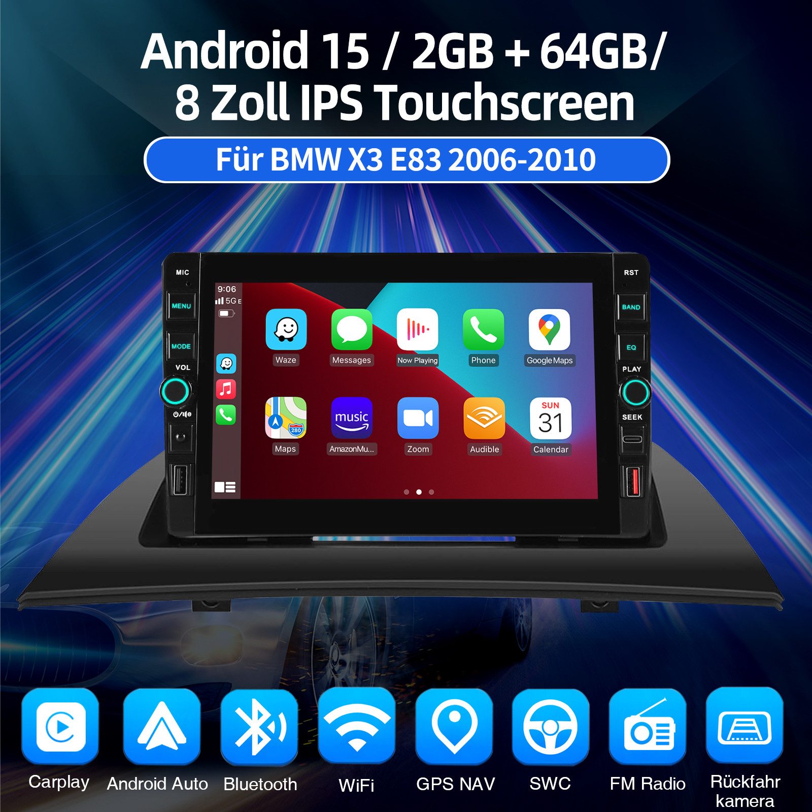 ESSGOO Autoradio Android15 Für BMW X3 E83 2006-2010 GPS Navi WIFI Carplay USB Autoradio (RDS, 4+64GB(optional), Digitalradio (DAB), FM, SWC, Apple Carplay Android Auto GPS Navi WIFI BT EQ)