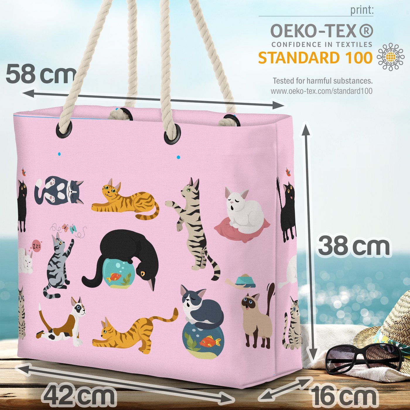 VOID Strandtasche (1-tlg), Katzenbande Beach rosa grau Haustier Kätzchen Tier Kartäuser Bag Scottish Katze