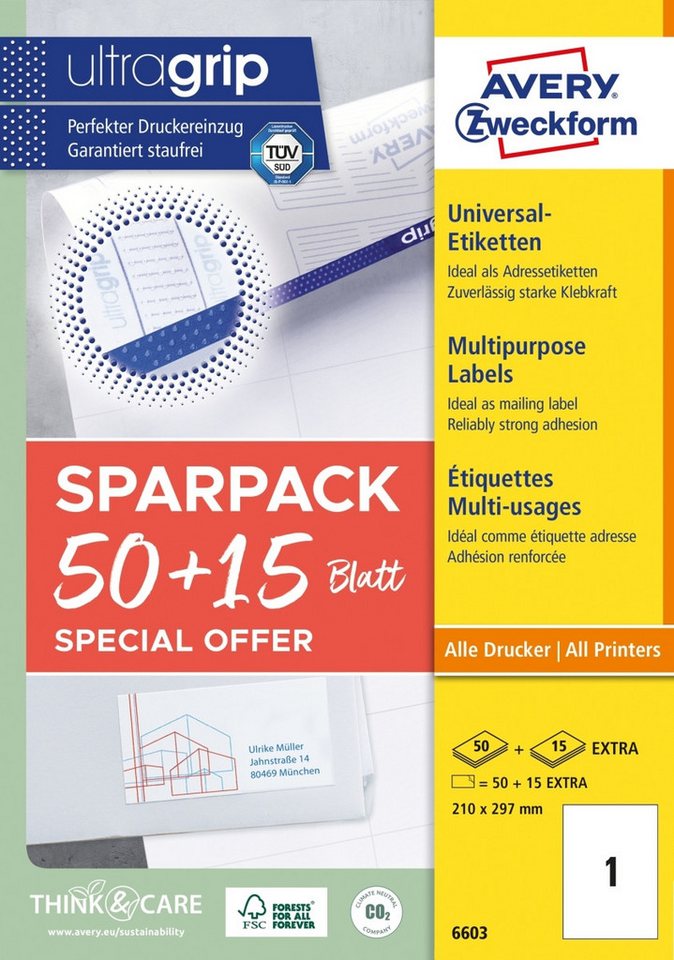 Thumbnail - Avery Zweckform Etiketten Universal-Etiketten ultragrip 210x297 mm VE=65 Etiketten / 65 Bogen w.