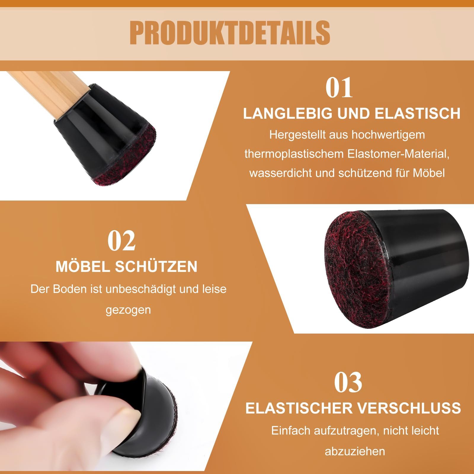 BlingBin Filzgleiter 40 Stück Stuhlbeinkappen mit Filz, Silikon-Bodenschoner für Stühle, (1er Set, 40 St), Stuhlbeinschoner für Stühle, Bodenschutz für Parkett und Fliesen