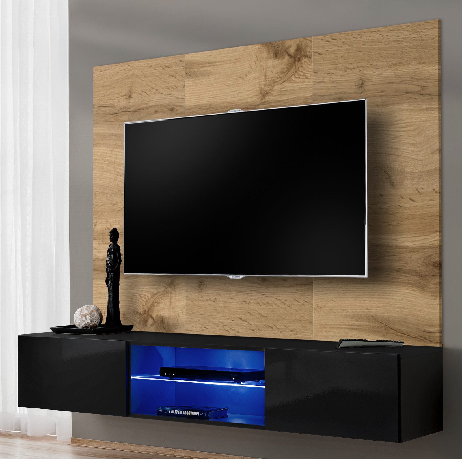 Inn.Furn Lowboard Public (Set mit Wandpaneel, 2 St., Wotan Eiche und Schwarz, 180 x 148 cm), mit Push-To-Open-Funktion und LED-Beleuchtung