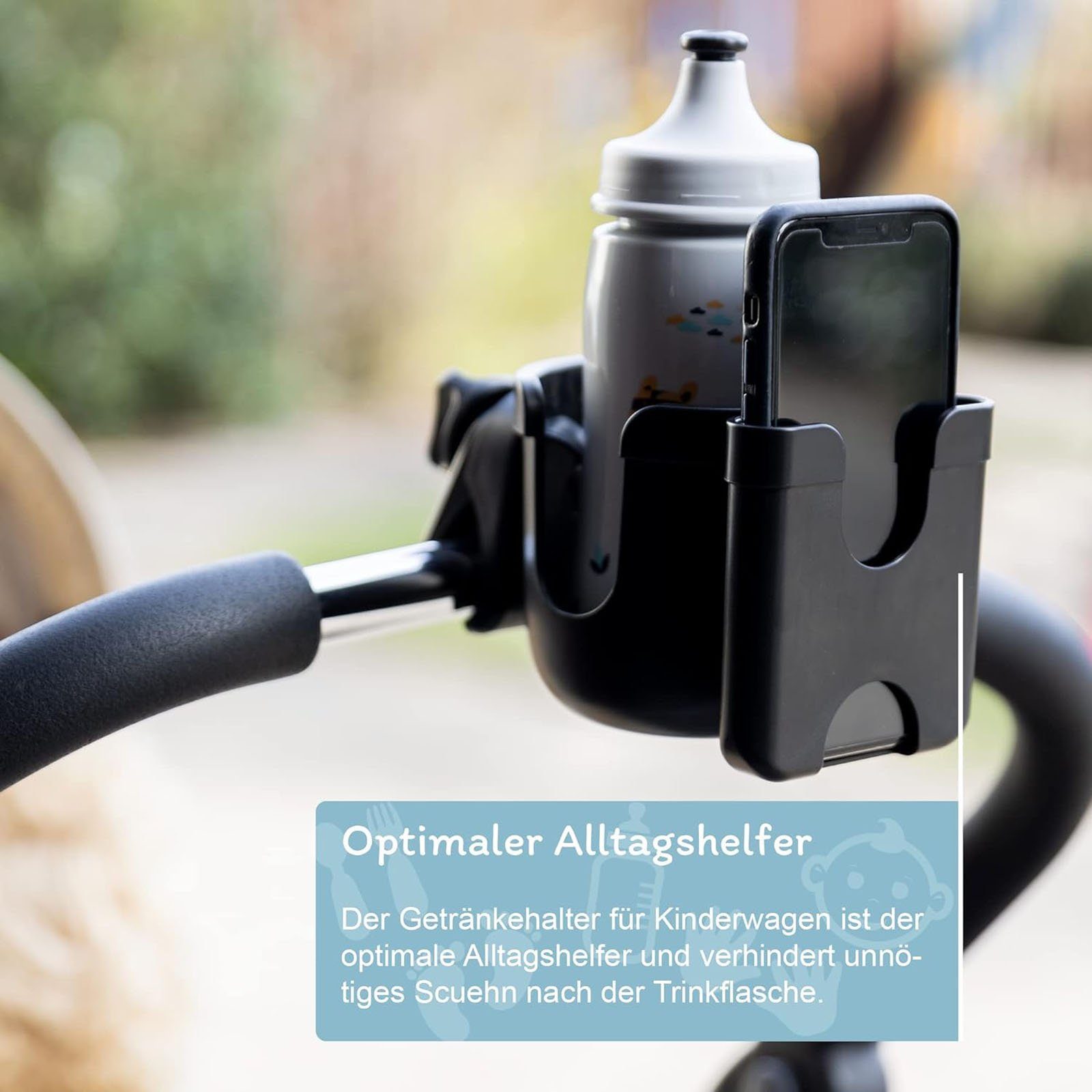 Galdem Becherhalter Universal Getränkehalter Fahrrad Kinderwagen Handyhalter, mit Handyhalterung 360° Gelenk – Bild 3 von 5