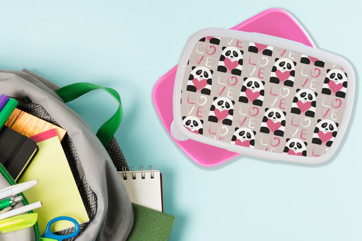 MuchoWow Lunchbox Herzen Muster, rosa Kunststoff, Mädchen, Brotbox für Kinder, Kunststoff Snackbox, Brotdose - (2-tlg), Panda - Erwachsene