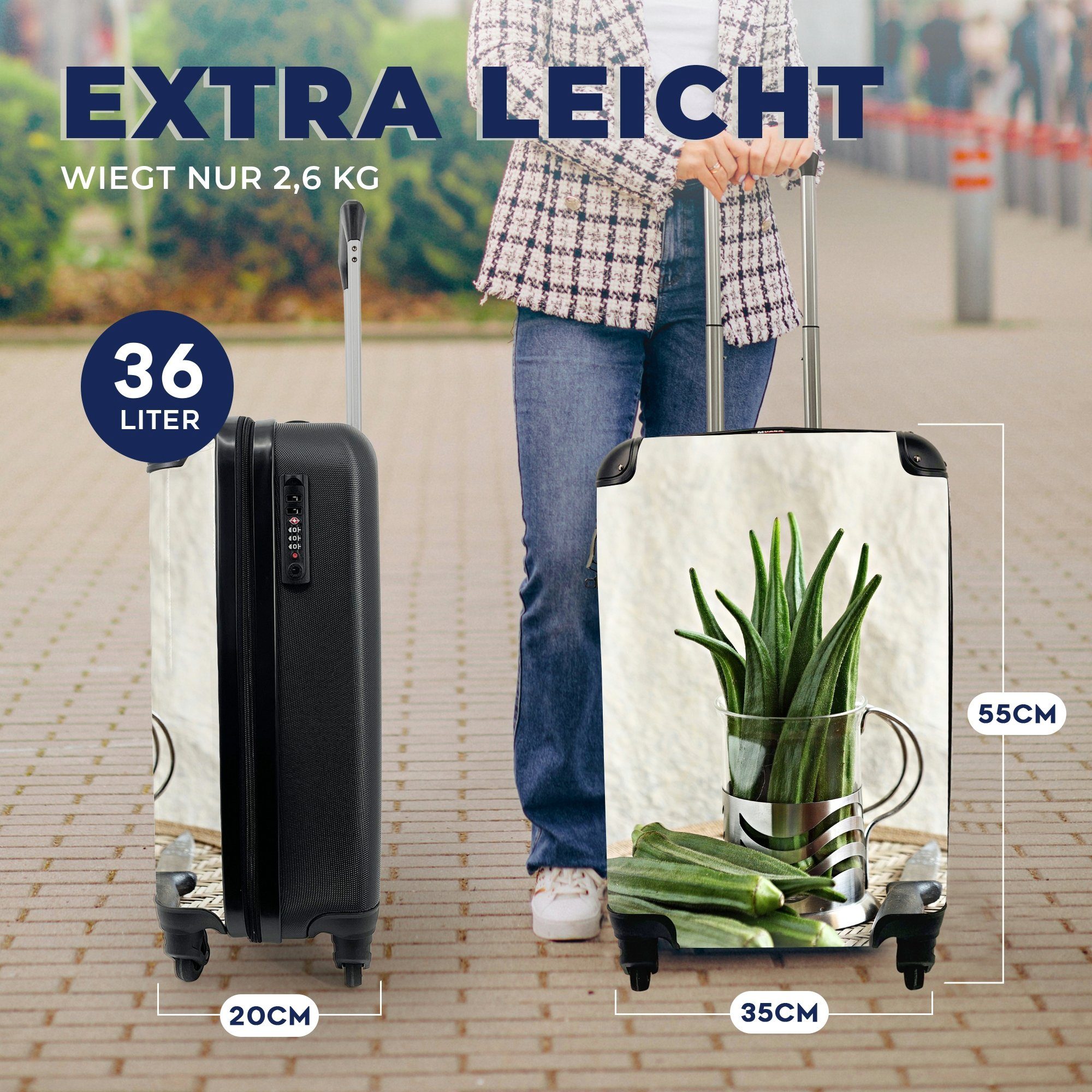 einem Reisekoffer MuchoWow Trolley, Handgepäck in Dunkelgrüne einem 4 Okra Tablett Rollen, auf Reisetasche mit und Glas, für rollen, Ferien, Handgepäckkoffer