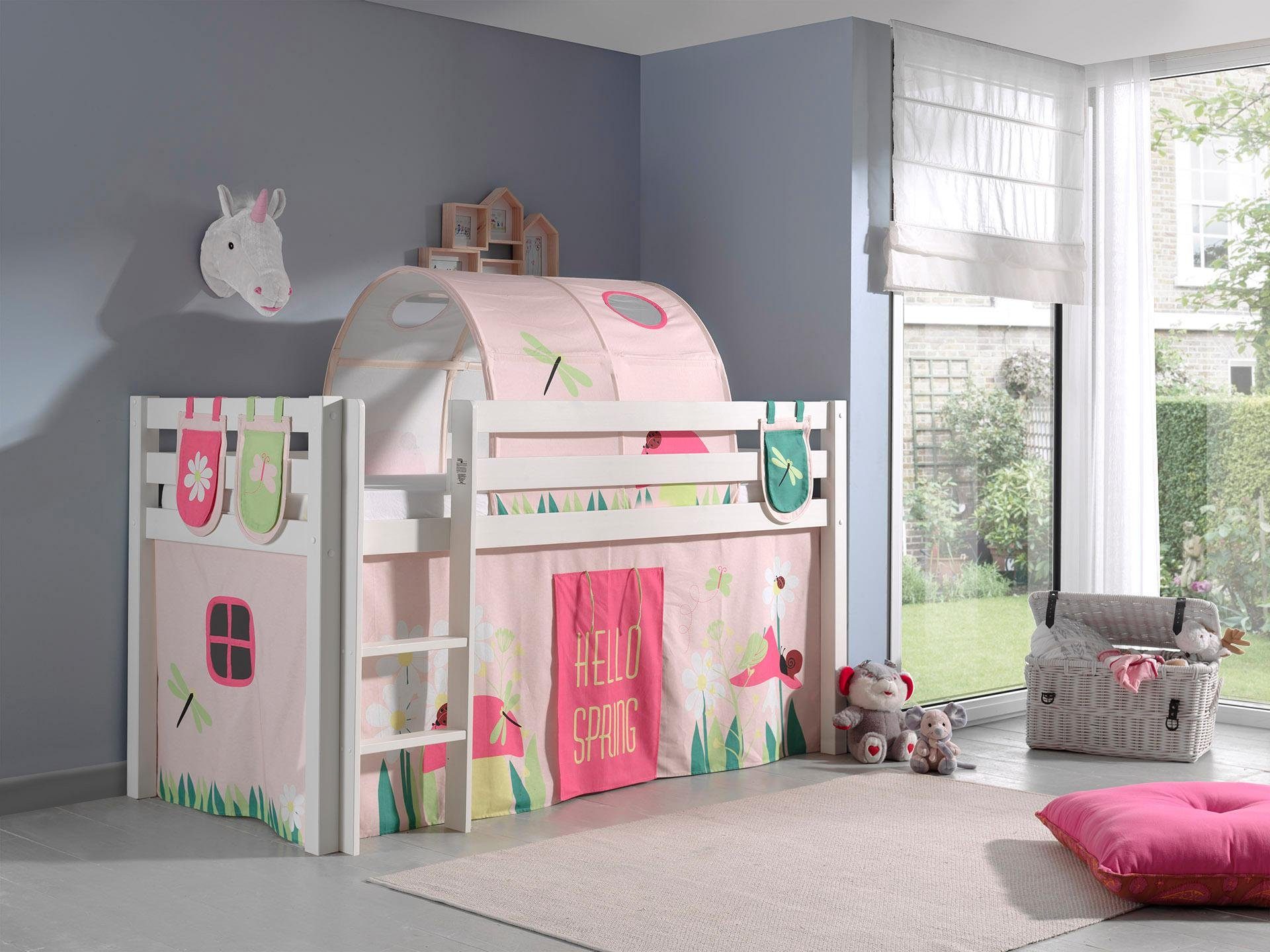 Vipack Hochbett Pino, Spielbett massiv Kiefer, stabil gebaut, 3 Korpusfarben zur Wahl (inkl. Rolllattenrost, Leiter und Absturzschutz, mit oder ohne Rutsche) Textil-Set "Spring", inkl. Vorhang, mit oder ohne Tunnel