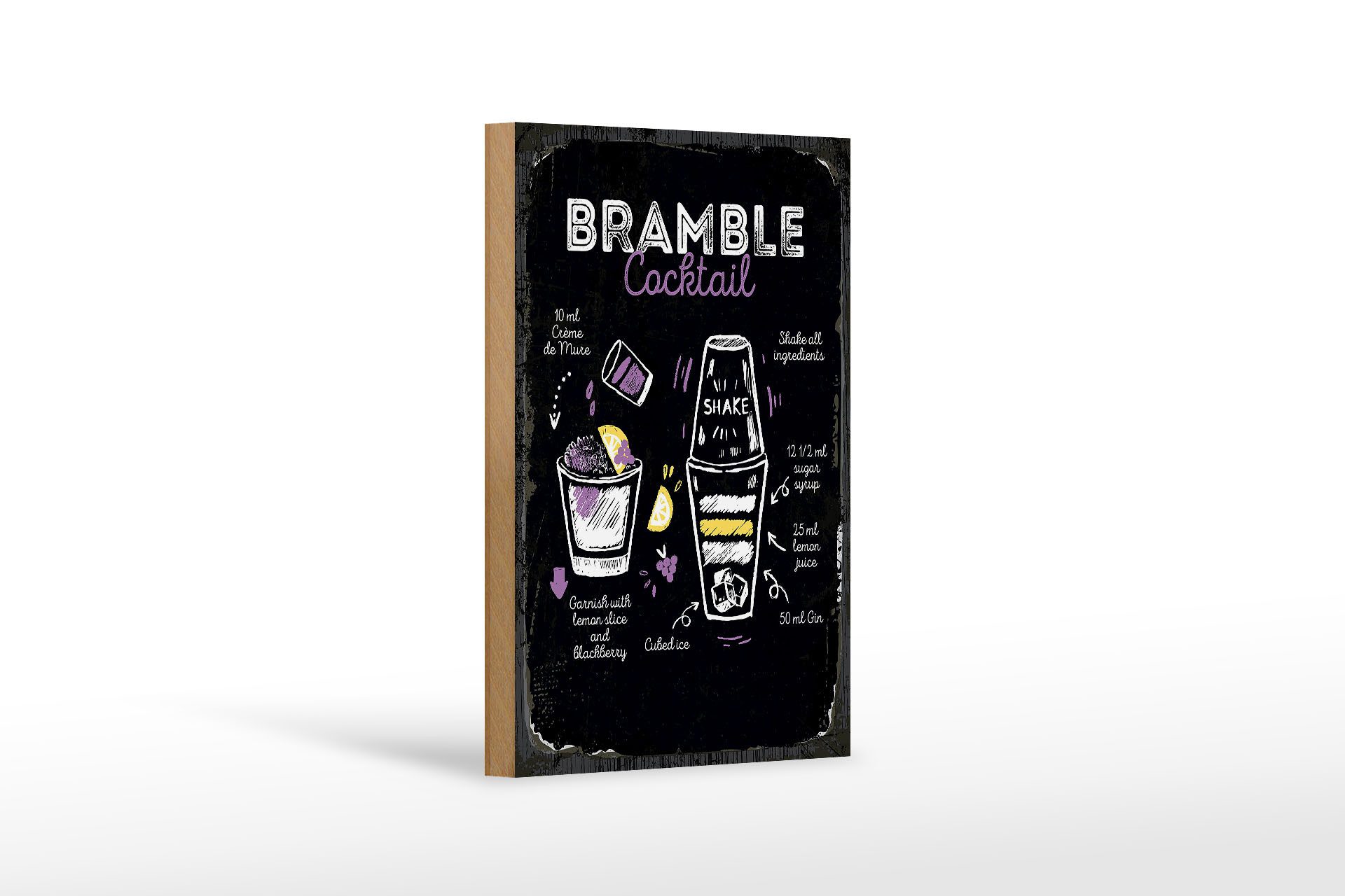 Holzbild Rezept Bramble Cocktail Recipe 12x18 cm
