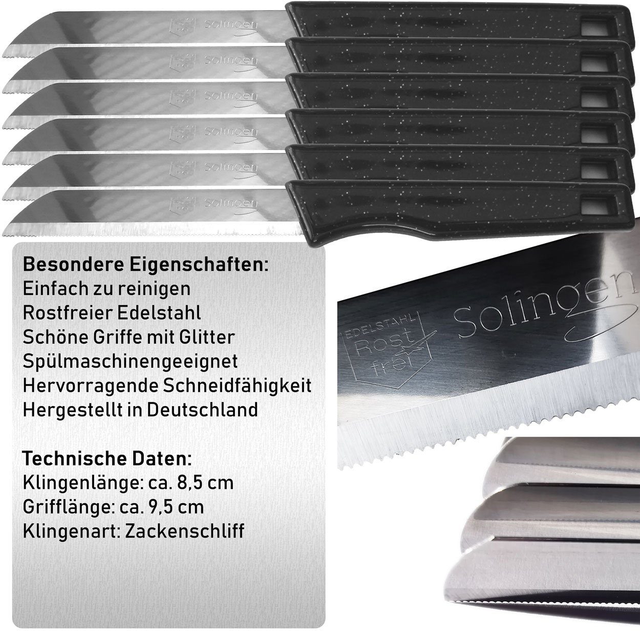 Allzweckmesser Messerset schwarz Gemüsemesser rostfrei hochwertigem Schälmesser Alltagsmesser, Obstmesser aus Klingenstahl Küchenmesser Allzweckmesser Solingen Melody Messer Tafelbesteck Edelstahl