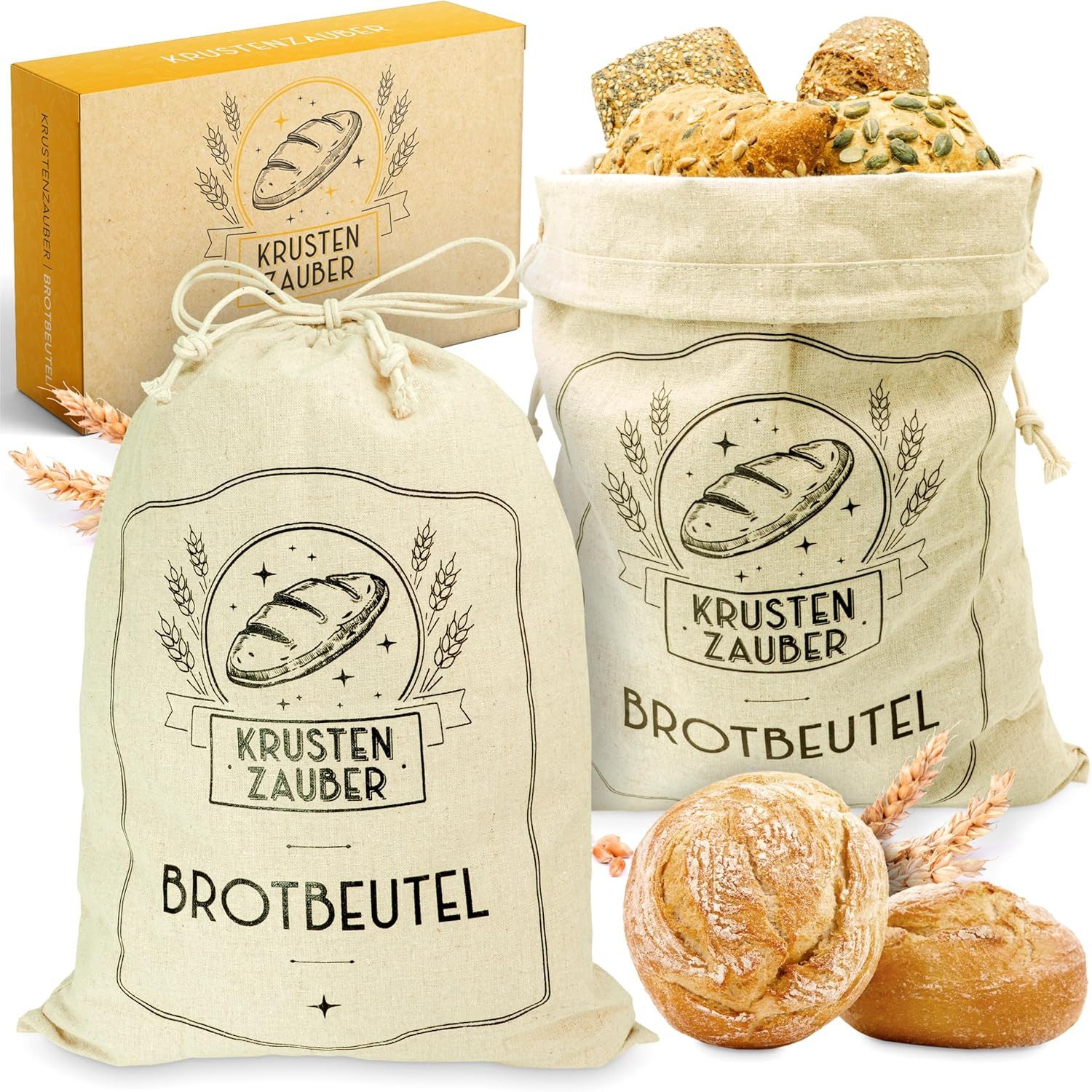 Krustenzauber Brottasche Brotbeutel Leinen Set - Leinenbeutel 40x30cm, (zur Brotaufbewahrung - Idealer Brotsack, Brötchenbeutel, Brot Backen Zubehör, 2-tlg., Brotsackerl Brottasche Brot Aufbewahrung Frischhalten)