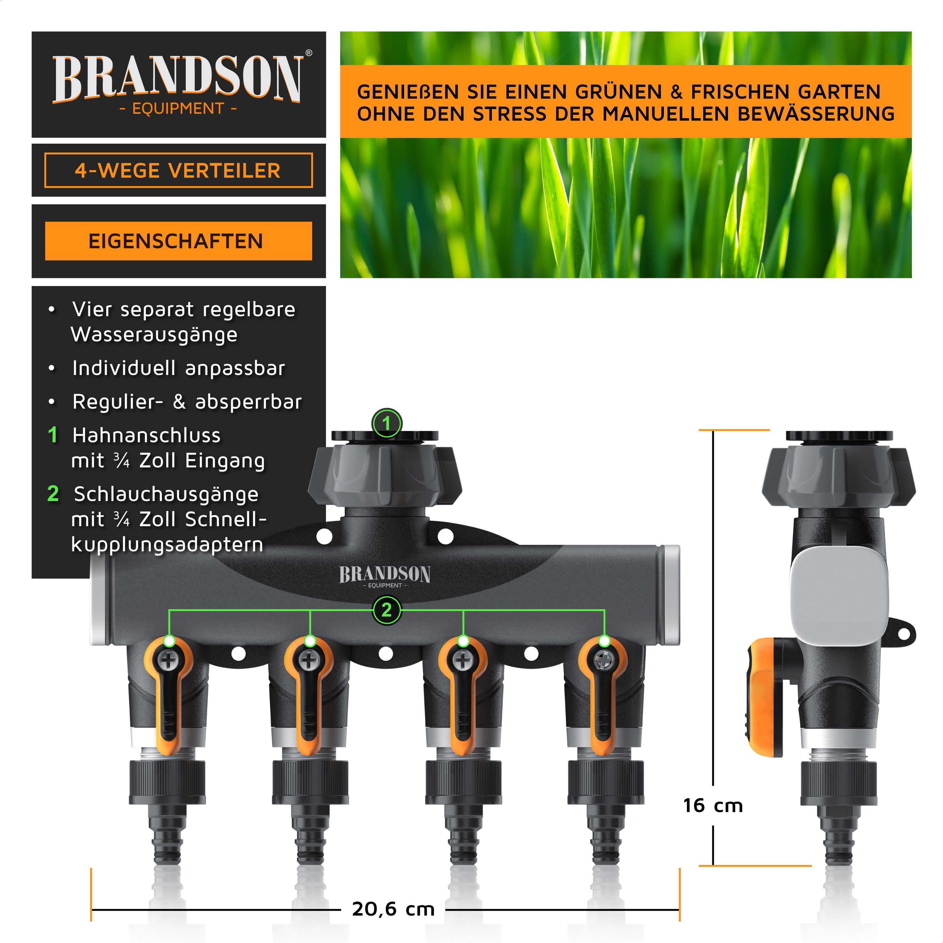 Brandson 4-Wege Verteiler 4-fach Wasserverteiler, Schlauchverteiler für Gartenschlauch, 3/4 Zoll, (1-tlg), Regulierbarer Wasserhahn Schlauch Verteiler für Gartenbewässerung