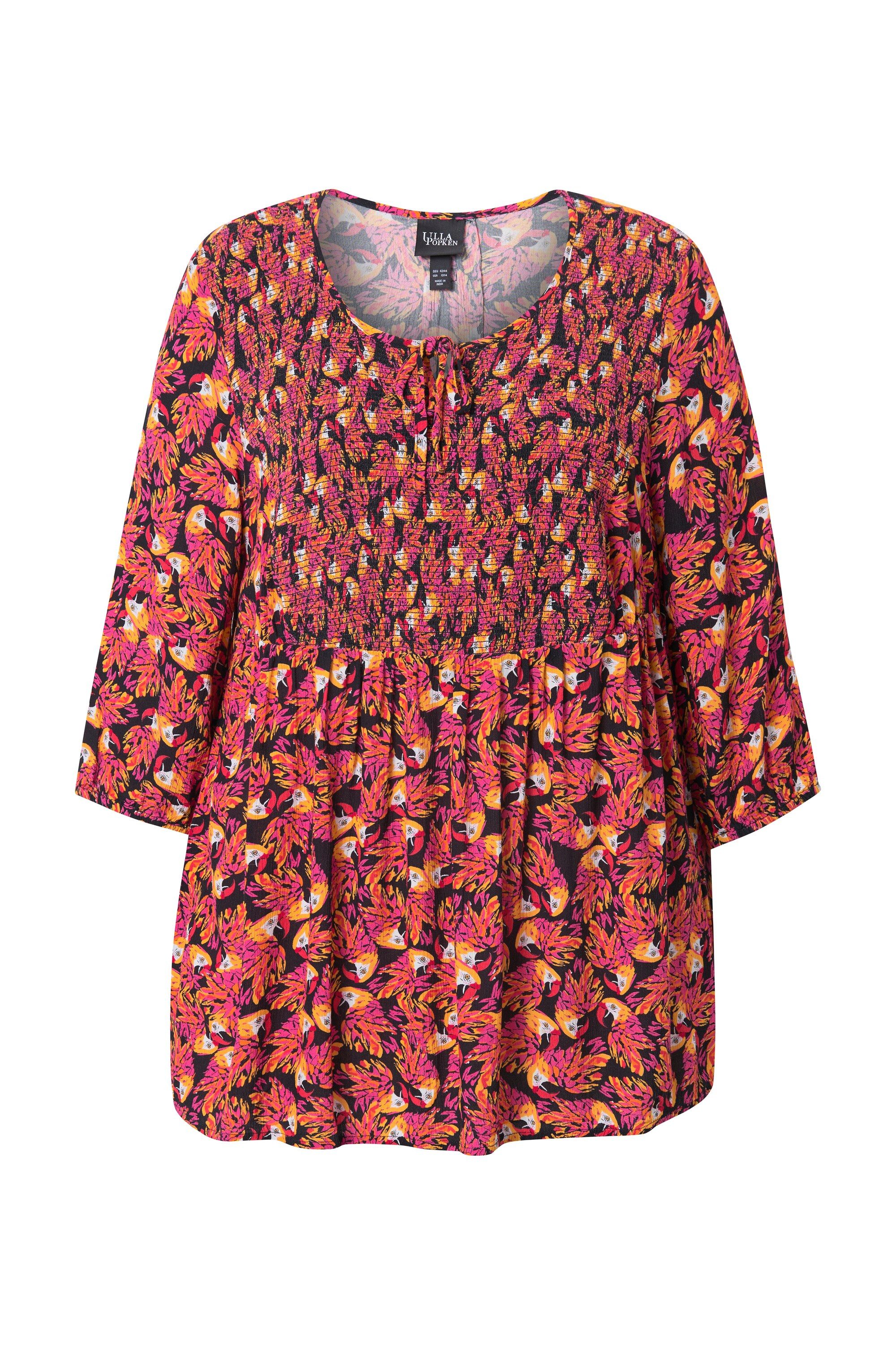 Ulla Popken Tunika Smok-Bluse Patchdruck A-Linie Rundhals 3/4-Arm günstig online kaufen