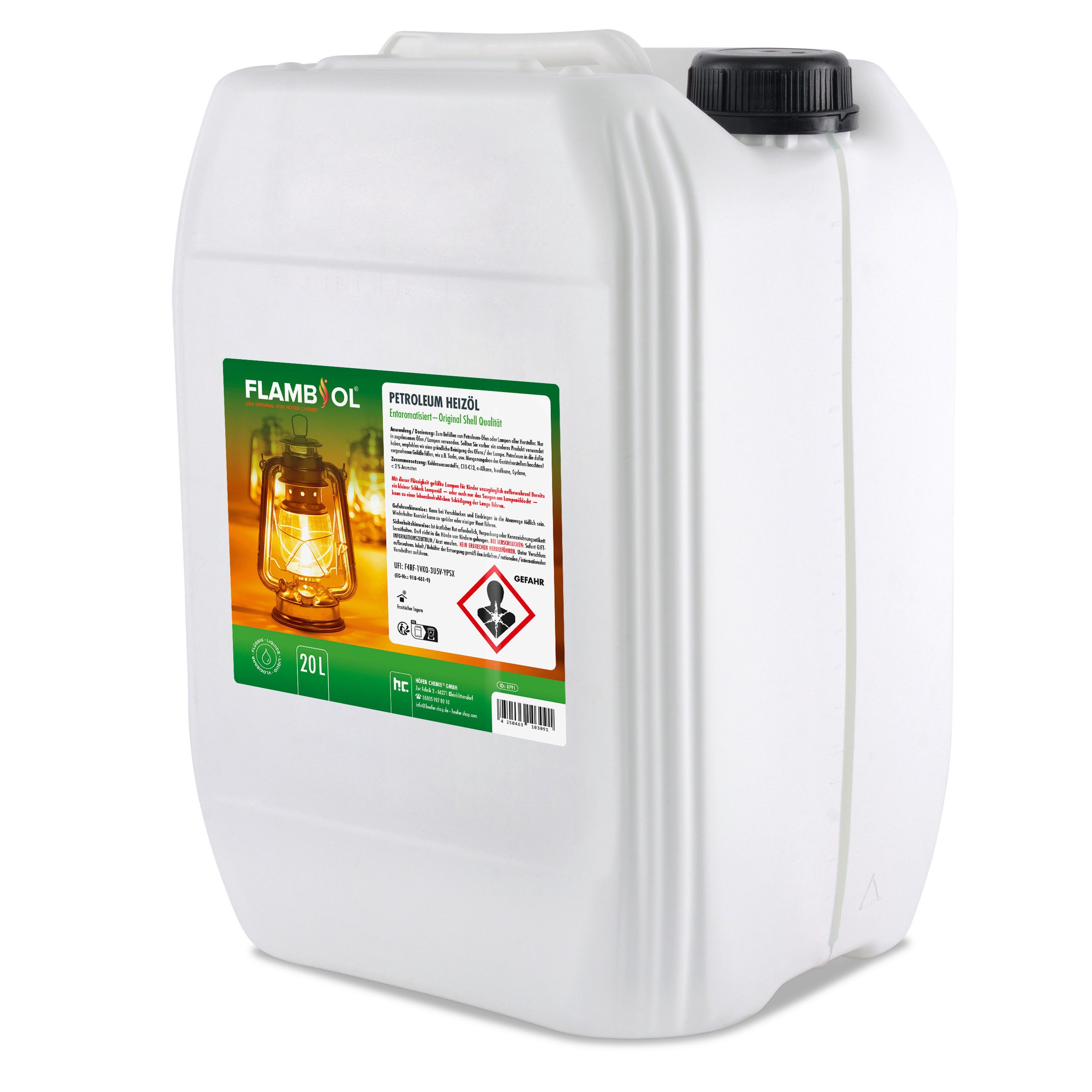 Höfer Chemie GmbH Petroleum 20 L FLAMBIOL® Petroleum Heizöl, 20 l, (1-St), Sauberes Heizöl für Öfen und Lampen