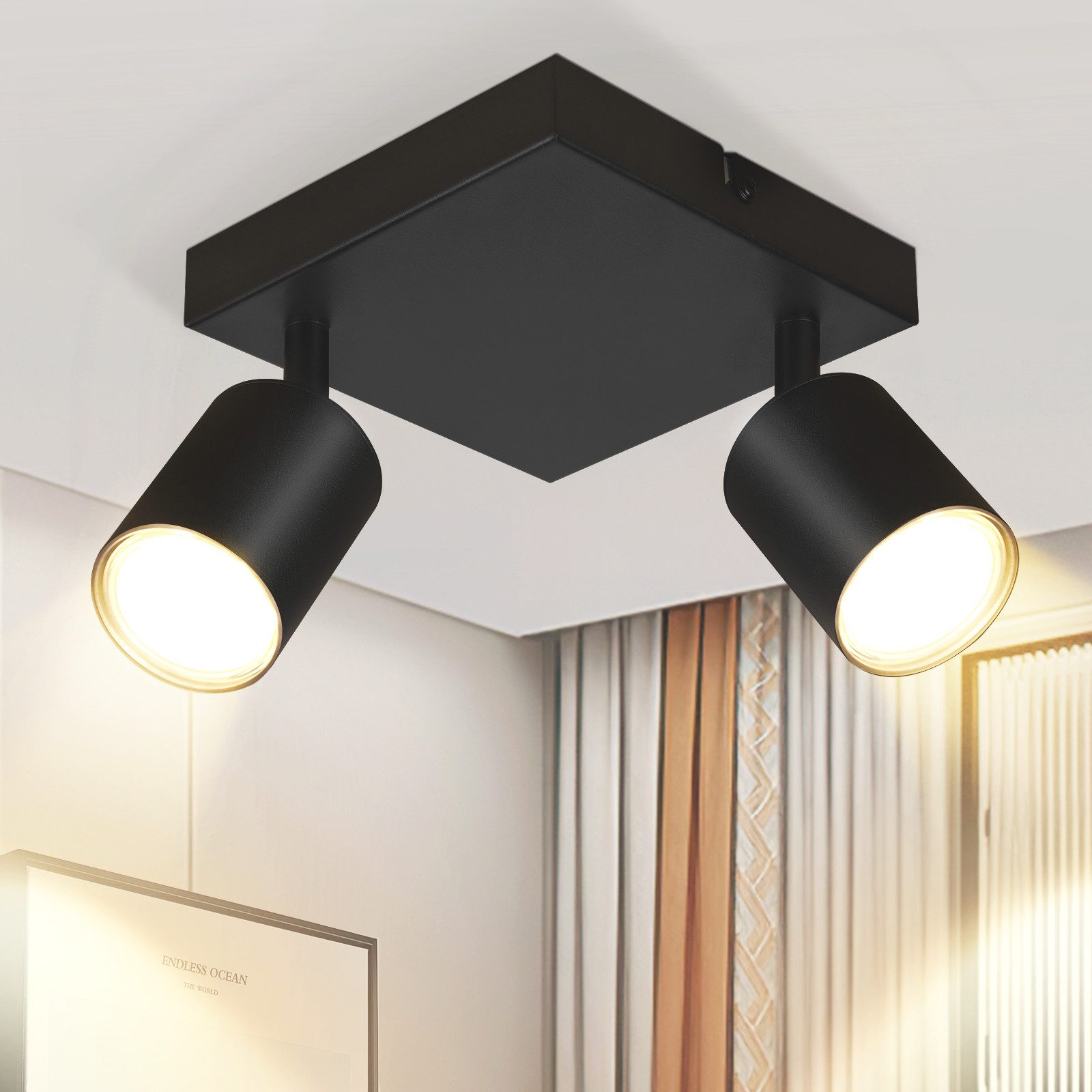 ZMH Deckenstrahler 2 Flammig GU10 Modern Deckenlampe Wand 330° Schwenkbar Wohnzimmer, Einfache Installation, ohne Leuchtmittel, Quadratisch, Schwarz Wandstrahler aus Metall für Büro Küche