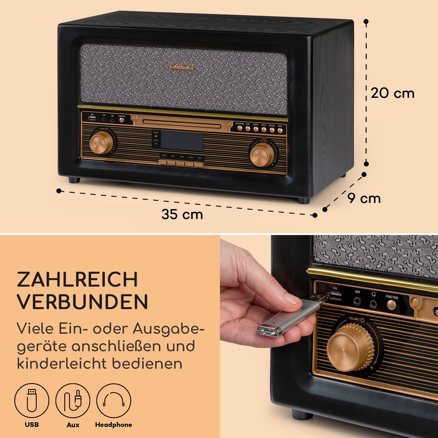 Auna Belle UKW-Radio, Retro-Radio Epoque Schwarz 1906 W) 5 und (DAB