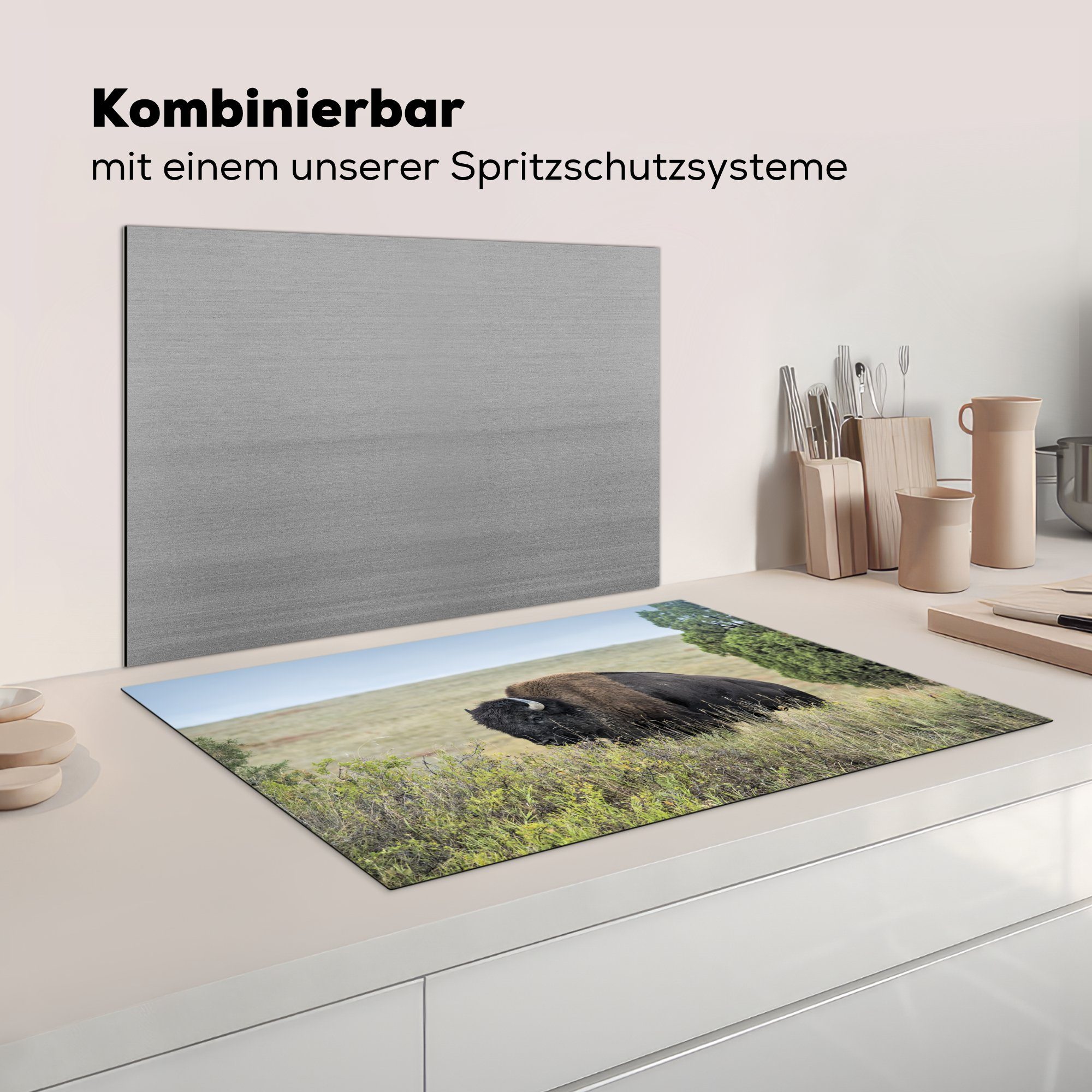 die cm, in der küche, Herdblende-/Abdeckplatte tlg), Schutz Landschaft 81x52 Vinyl, für MuchoWow Induktionskochfeld (1 Ceranfeldabdeckung stehend, Bison