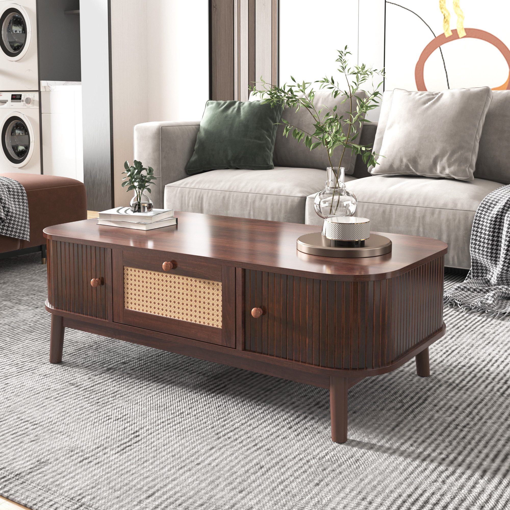 REDOM Couchtisch Eleganter Rattan-Couchtisch mit Massivholz-Türen und Staur günstig online kaufen