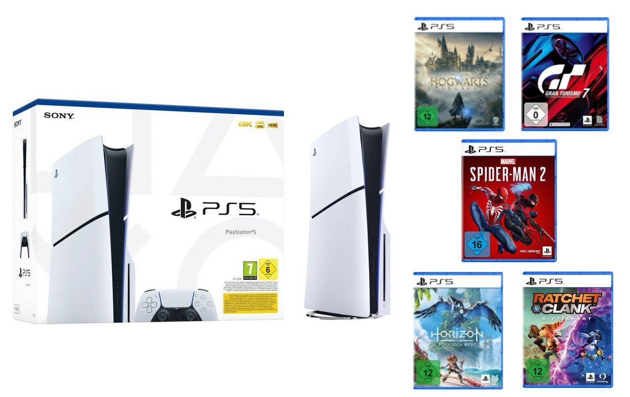 Playstation PS5 Disk Slim inkl. HL & GT7 & HFW & SM2 & RaC (Konsolen-Bundle, inkl.Hogwarts Legacy,SpiderMan2,Gran Turismo 7,HorizonFW,Ratchet&Clank)