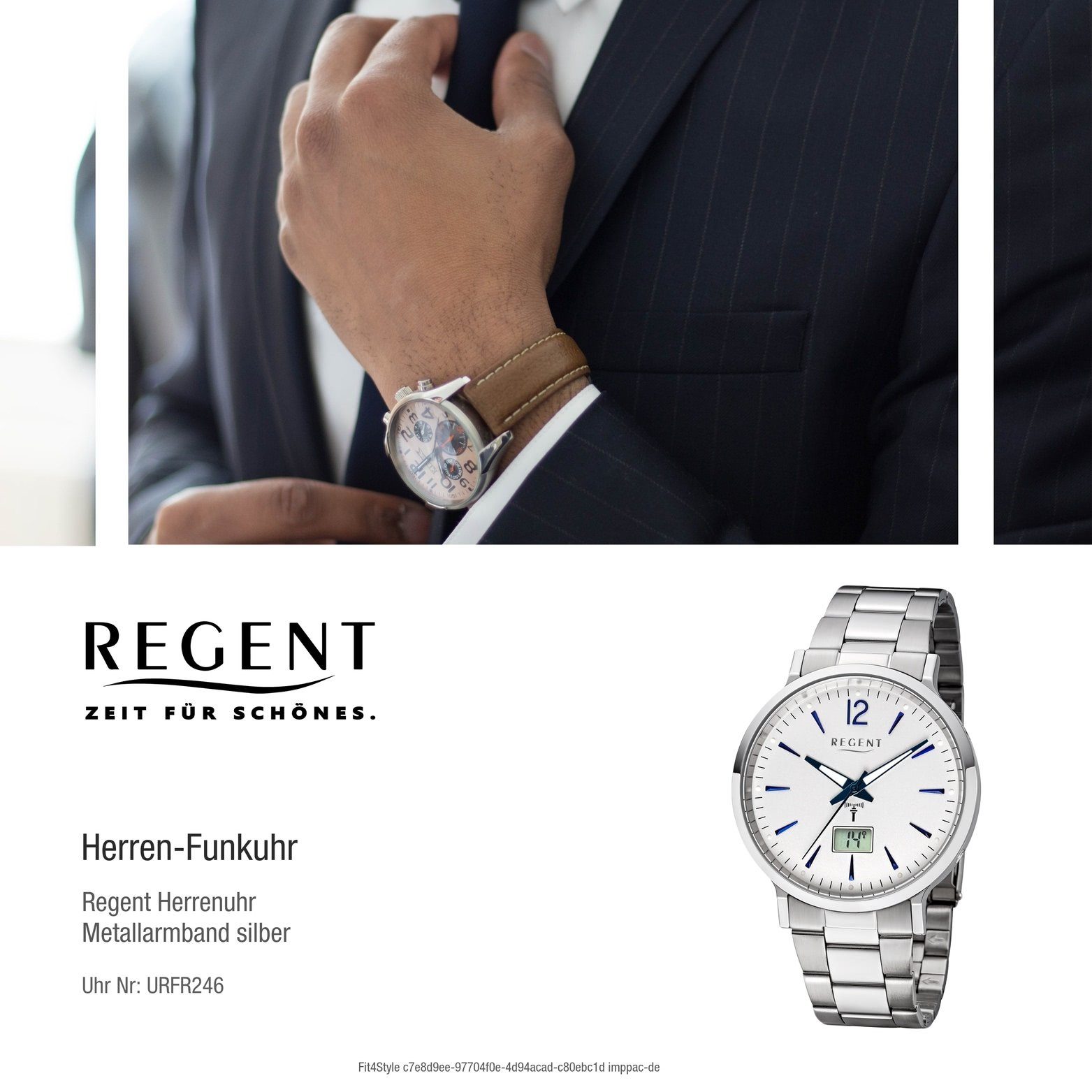 Regent Funkuhr Regent Metall Herren Gehäuse Metallarmband, (ca. Uhr Elegant-Style Herrenuhr rundes 40mm), FR-246, mit