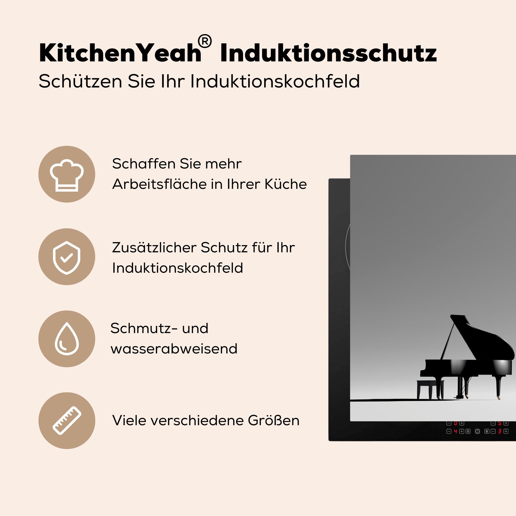 MuchoWow Herdblende-/Abdeckplatte Ein Klavier Ceranfeldabdeckung Vinyl, Induktionskochfeld tlg), für Schutz die (1 einem cm, grauen küche, 81x52 in Raum