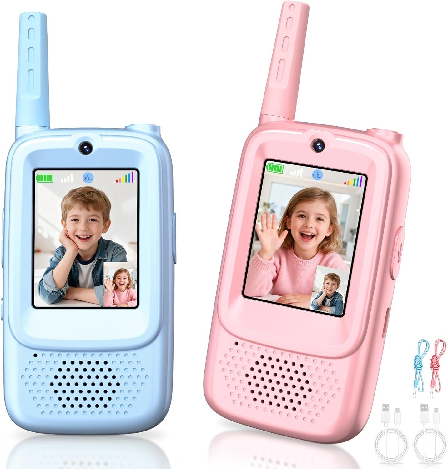POPOLIC Walkie Talkie 2 Stück Video Walkie Talkies Kinder, Große Reichweite, (mit 4 Spracheffekten, Spielzeug Geschenke mädchen ab 3 4 5 jahre junge), Weihnachtsgeschenke für Kinder
