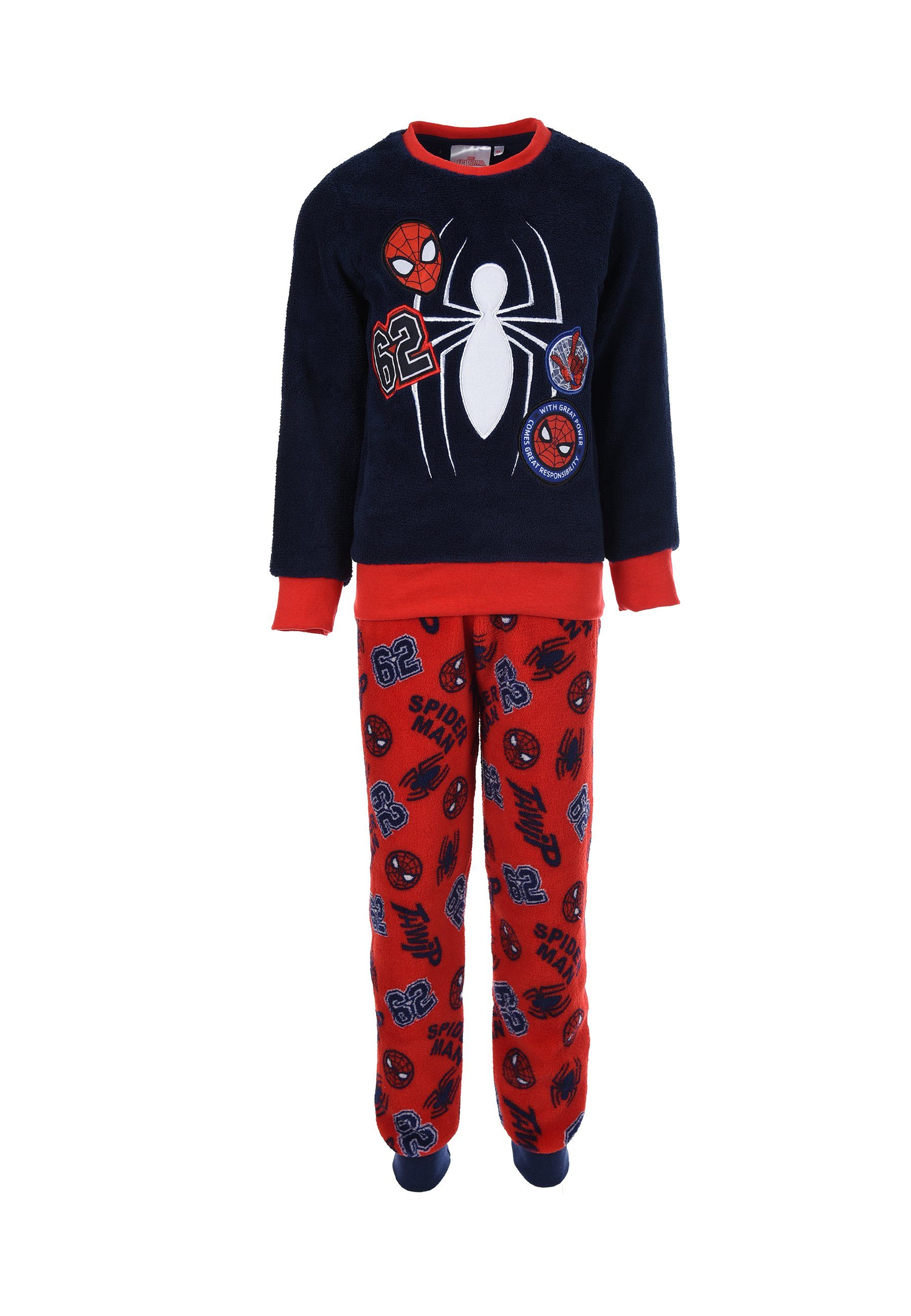 Spiderman Schlafanzug Kinder Fleece (2 Pyjama Nachtwäsche langarm tlg) Blau Jungen