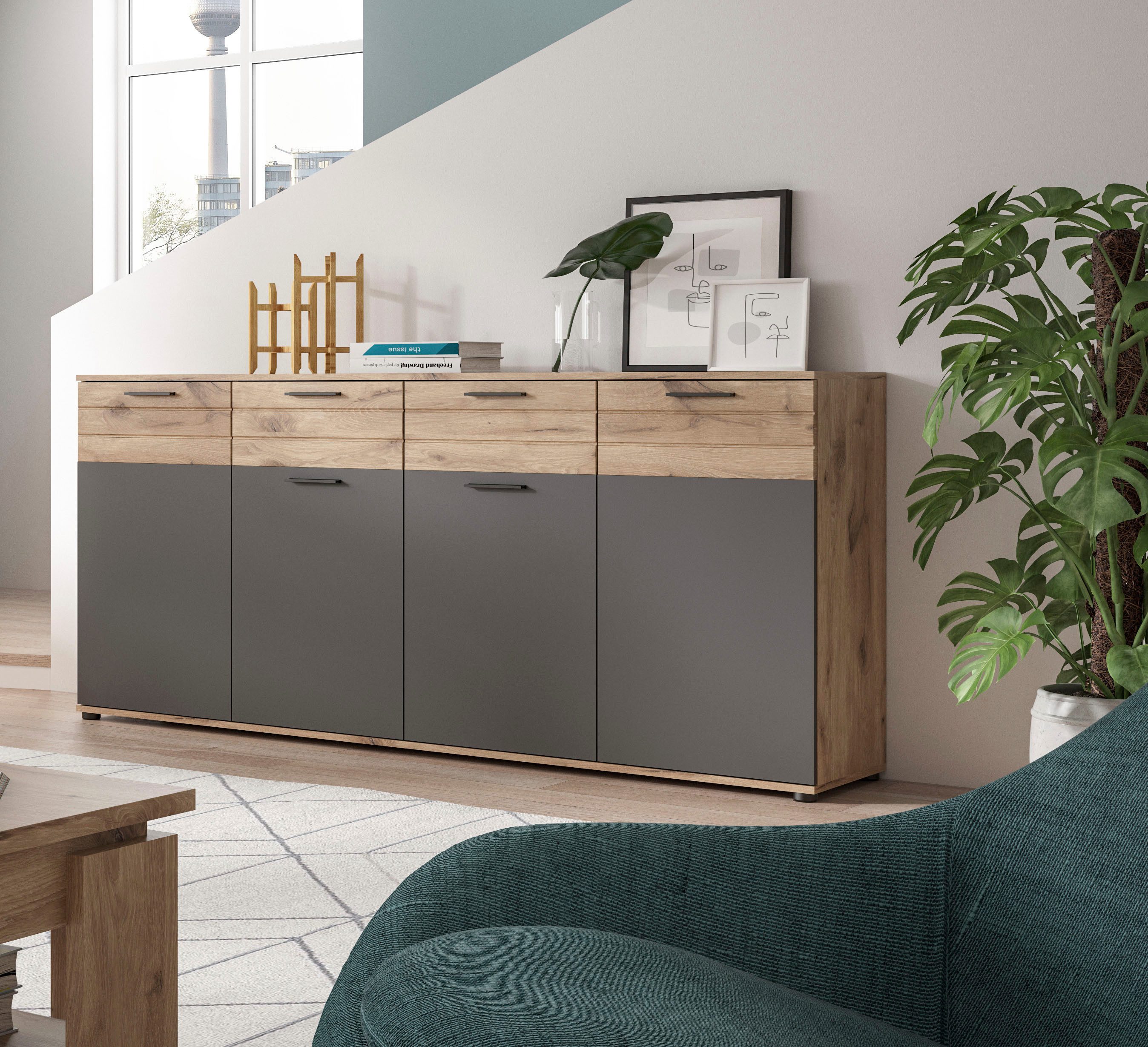 Home affaire Sideboard Riga, Breite 180cm, 4 Türen, 2 Schubkästen, 6 Einlegeböden, 10 Fächer, hochwertige Rillenfräsung, mit Softclose, Kommode, Anrichte, Schrank
