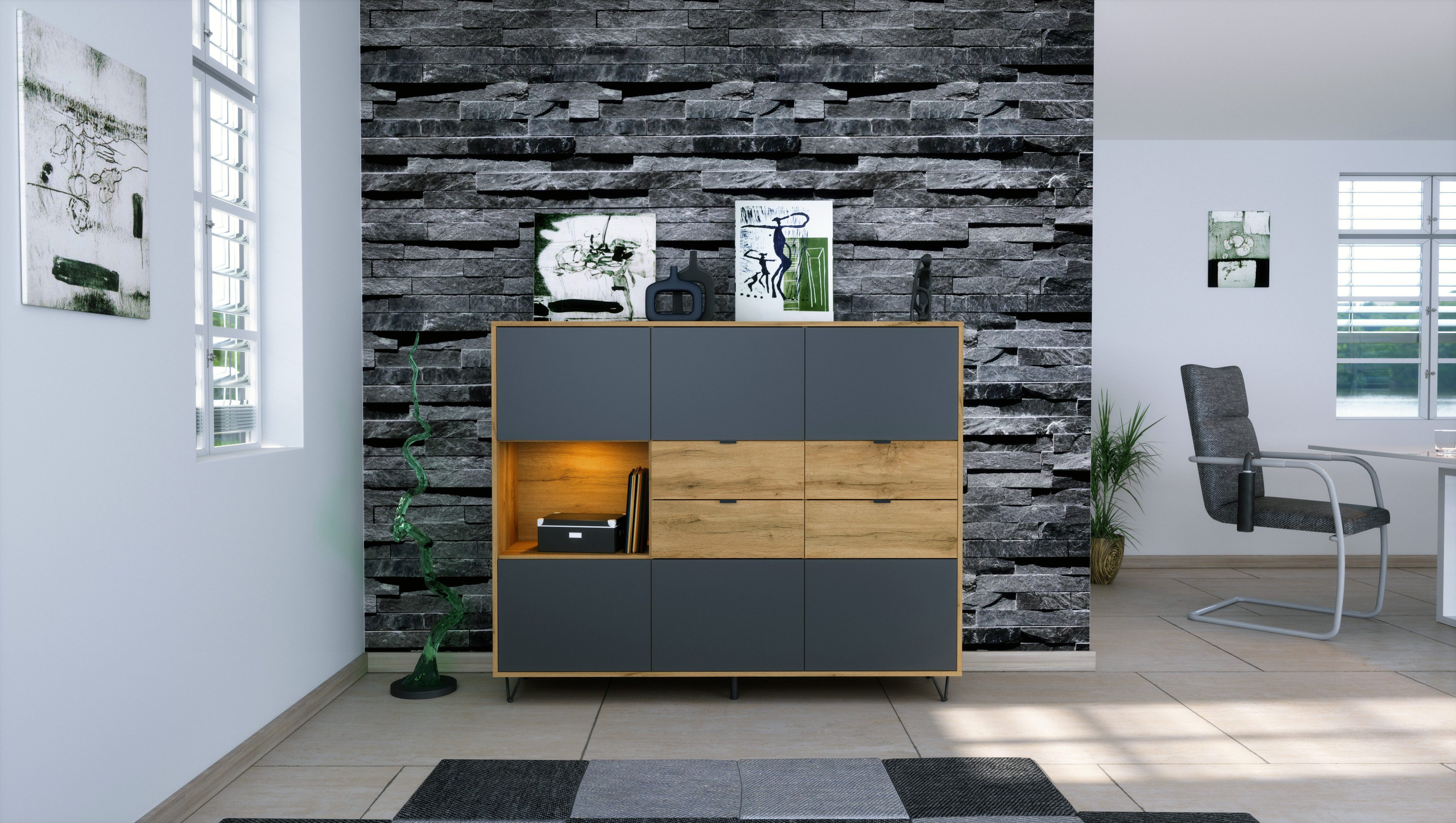 Vladon Highboard Marino (Highboard mit 6 Türen Anthrazit matt, 4 Schubladen Eiche Evoke, inkl. LED, Made in Germany), Korpus Eiche Evoke (152,5 x 125,5 x 37 cm)