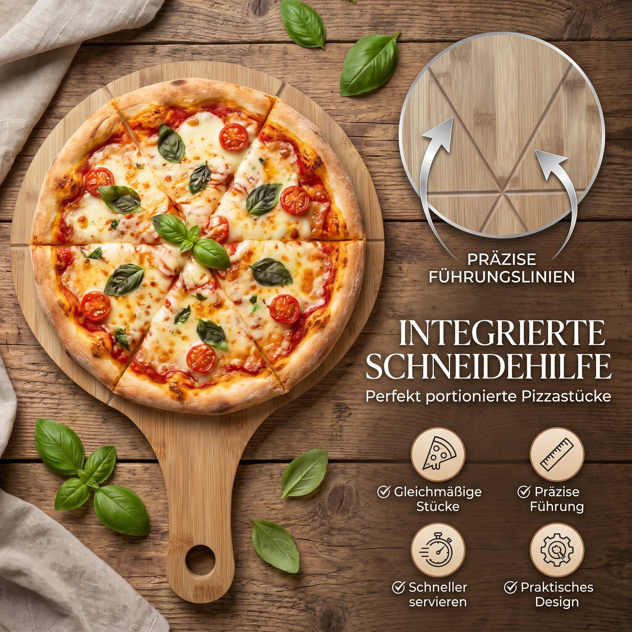 hausleben Pizzaschneidebrett Pizzabrett - Rundes Schneidebrett mit Griff und Schneiderillen, Bambus Pizzabrett, (Holz Pizzateller für Flammkuchen, 4-St., 2 Serv – Bild 4 von 5
