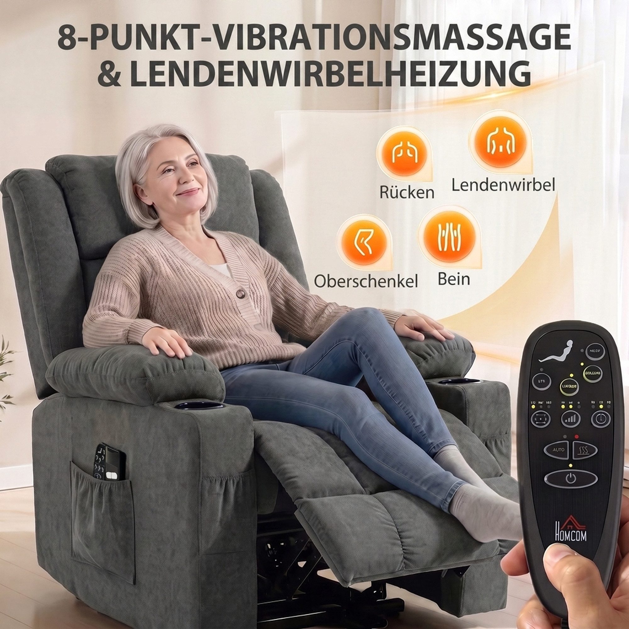 HOMCOM Relaxsessel Aufstehsessel mit Massage und Heizung, Dual-Motor, Dunkelgrau (Set, 1-St., 1), 2 Motoren, Aufstehhilfe, Massage, Wärme – Bild 5 von 5