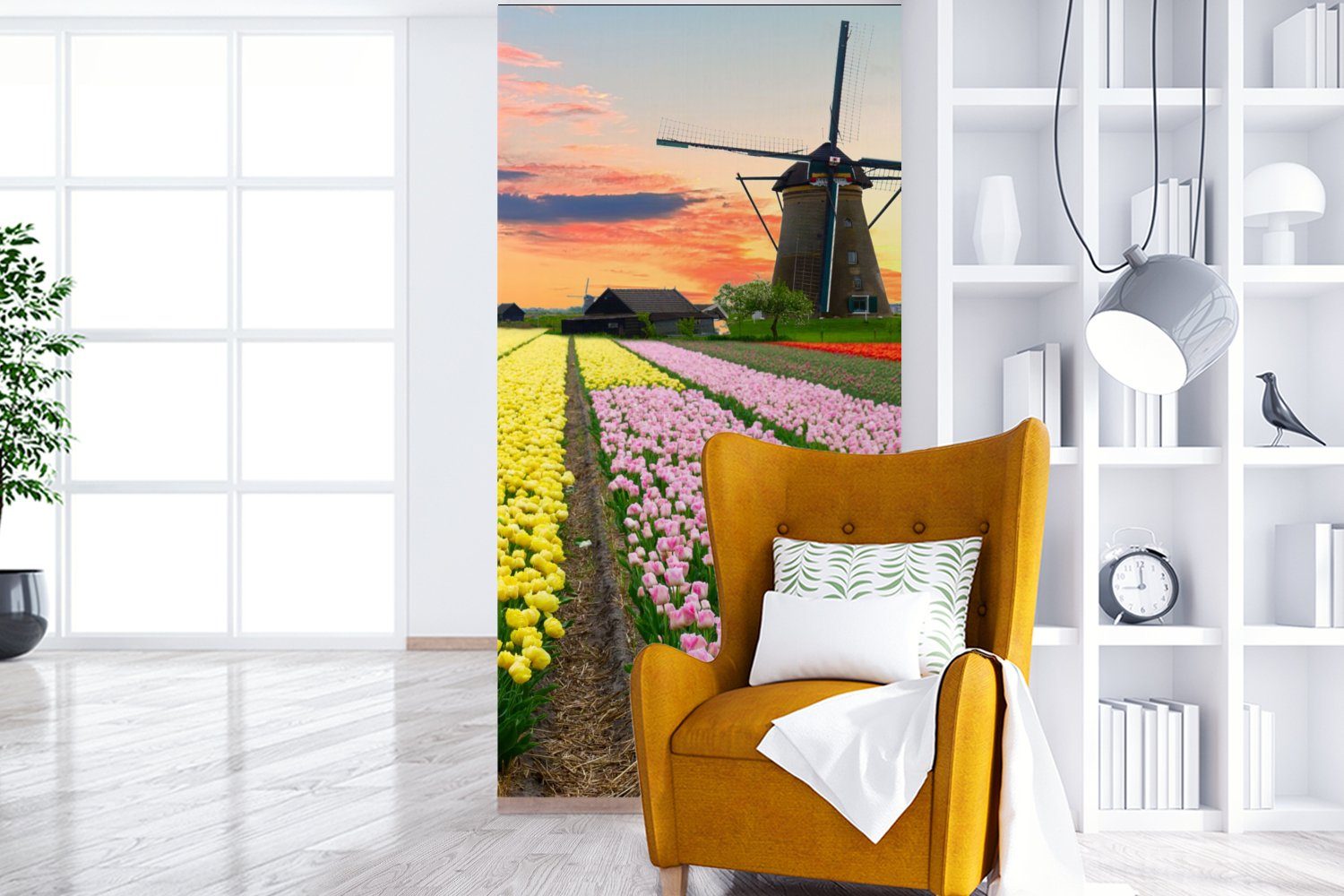 (2 Matt, Fototapete für - bedruckt, - Vliestapete St), MuchoWow - Windmühle Tulpen Küche, Schlafzimmer Fototapete Blumen Wohnzimmer Niederlande,