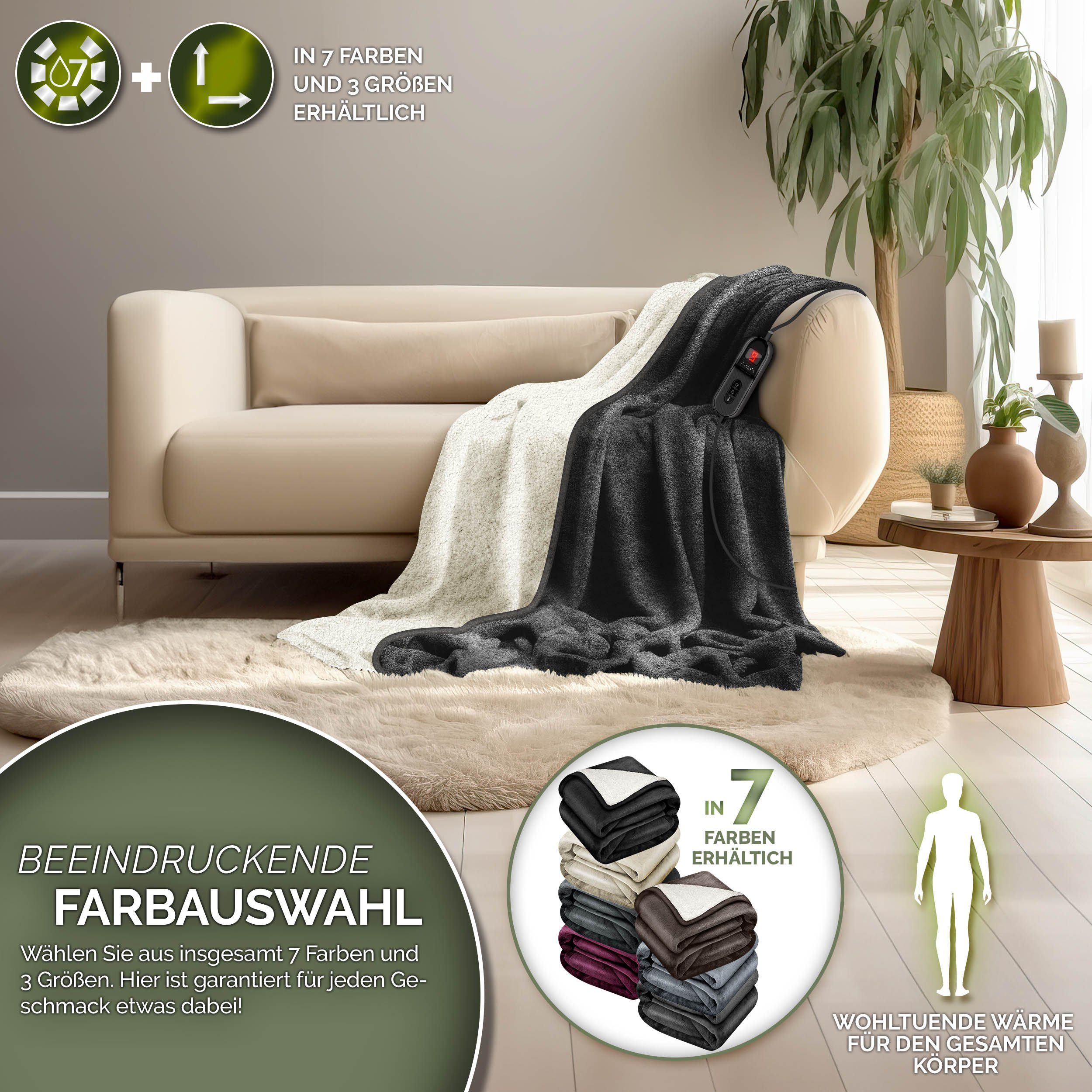 sinnlein Heizdecke mit Abschaltautomatik Elektrische Wärmedecke, mit 9 Temperaturstufen Kuscheldecke Bett, Sofa, Decke elektrisch mit Timer Digitalanzeige, 9 Temperaturstufen