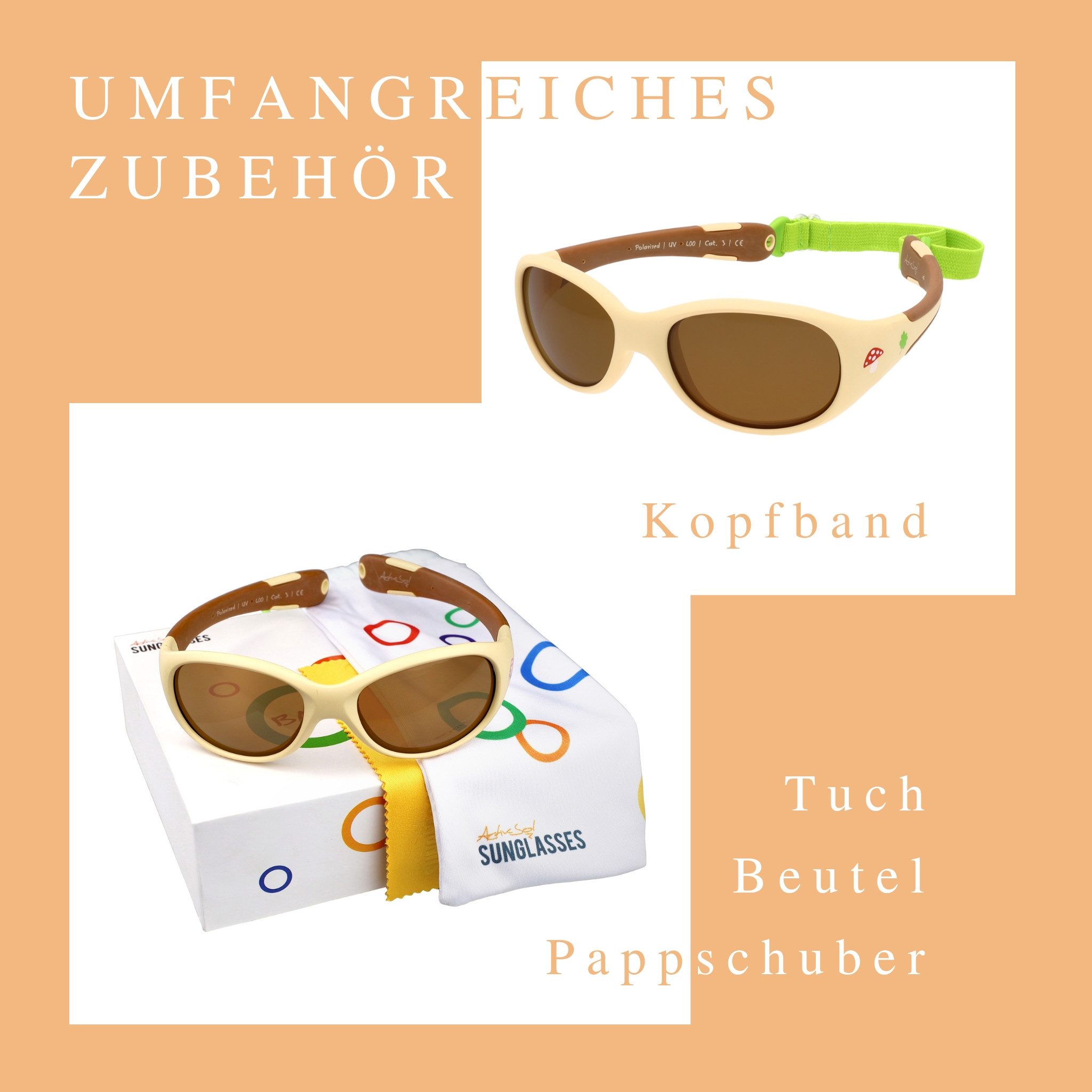 ActiveSol Sonnenbrille Baby 0-24 Monate (in bunten Farben & mit pfiffigen Motiven) Polarisiert, BPA-frei, mit Kopfband