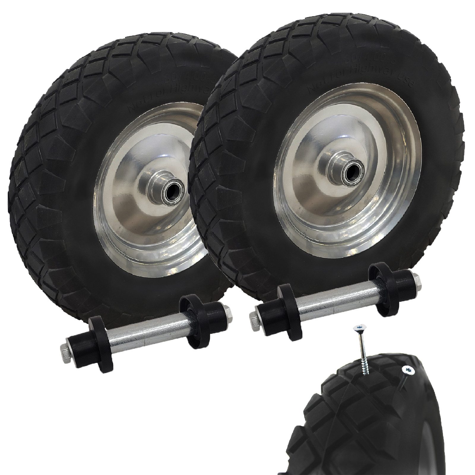 TRUTZHOLM Schubkarren-Rad pannensicher Vollgummi 4.80/4.00-8 grau/schwarz + Achse Ersatzrad (2er-Set, Spar-Set), Kugellager,Vollgummi,PU
