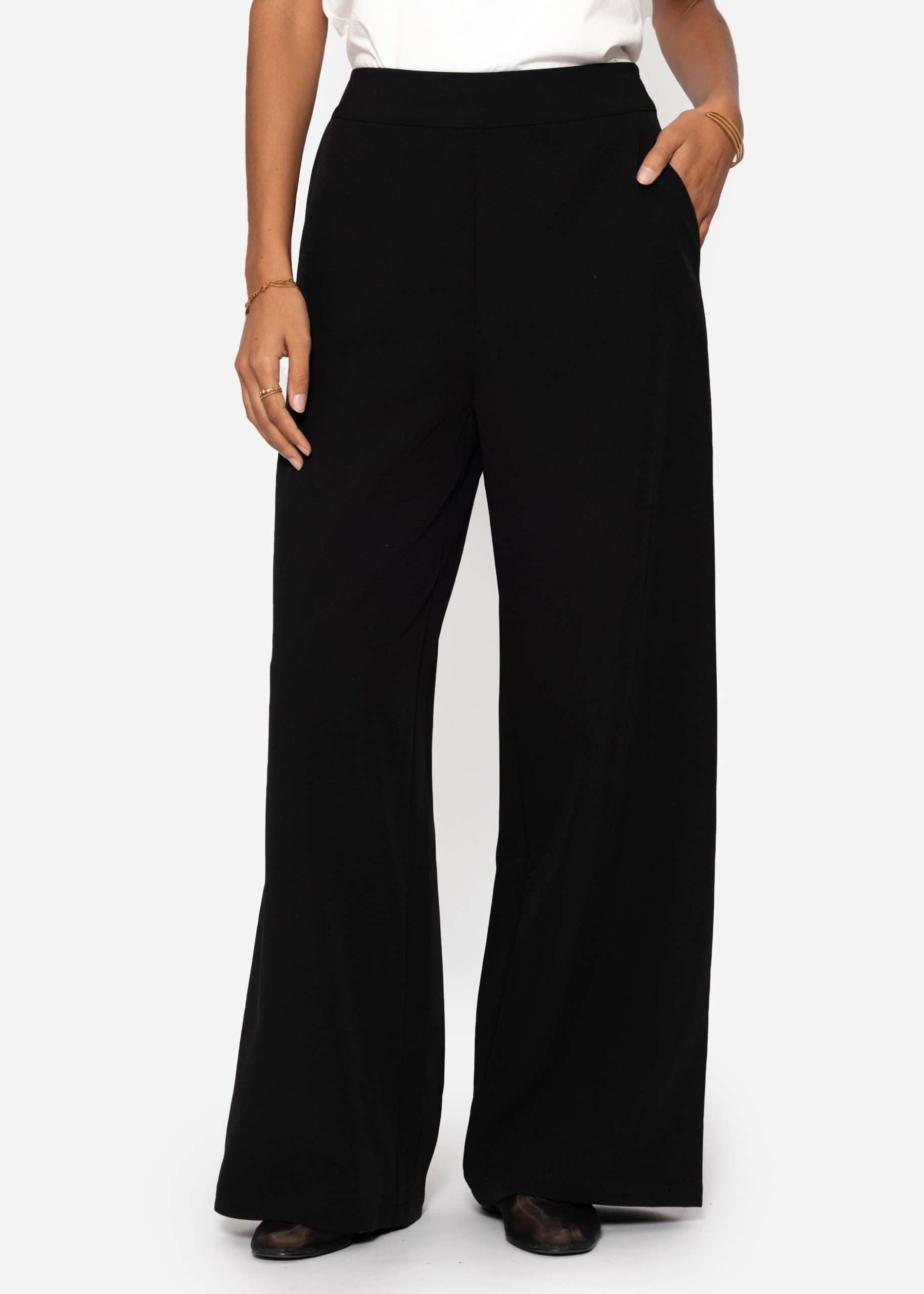 SASSYCLASSY Stoffhose High Waist Stoffhose Damen leichte Stoffhose mit breitem Bund und seitlichen Taschen schwarz