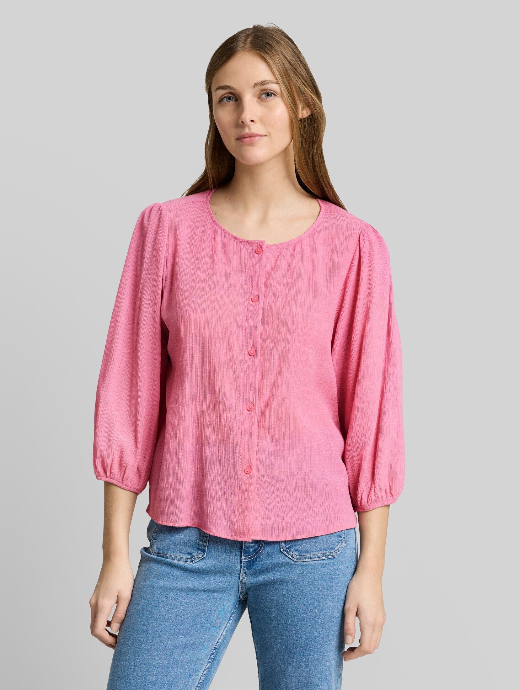TOM TAILOR Denim Kurzarmbluse Blusen & Shirts Crinkle Bluse mit Knopfleiste