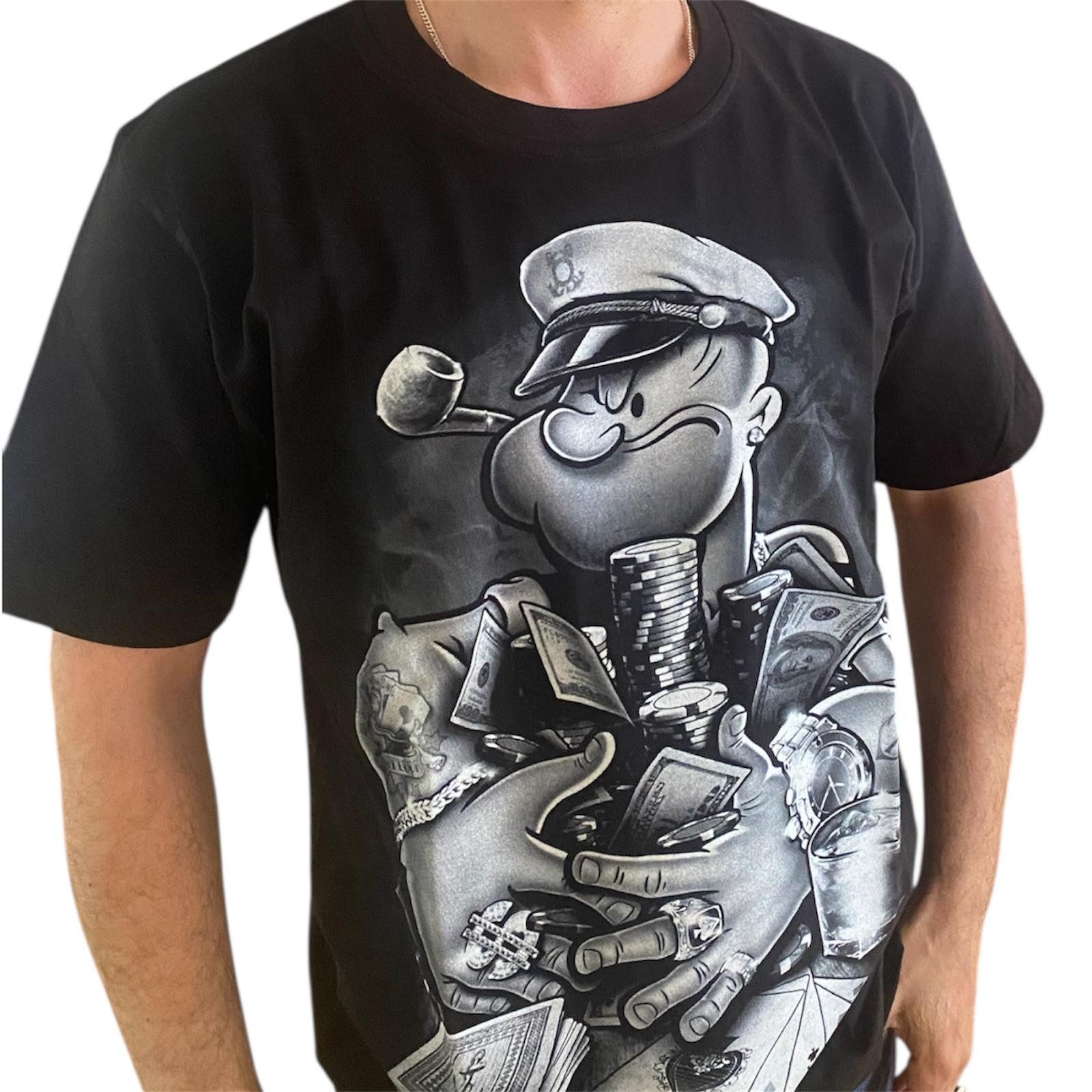 Marinblue American-Shirt Gangster Popeye T-Shirt Schwarz Cartoon Streetwear Geld & Poker Unisex