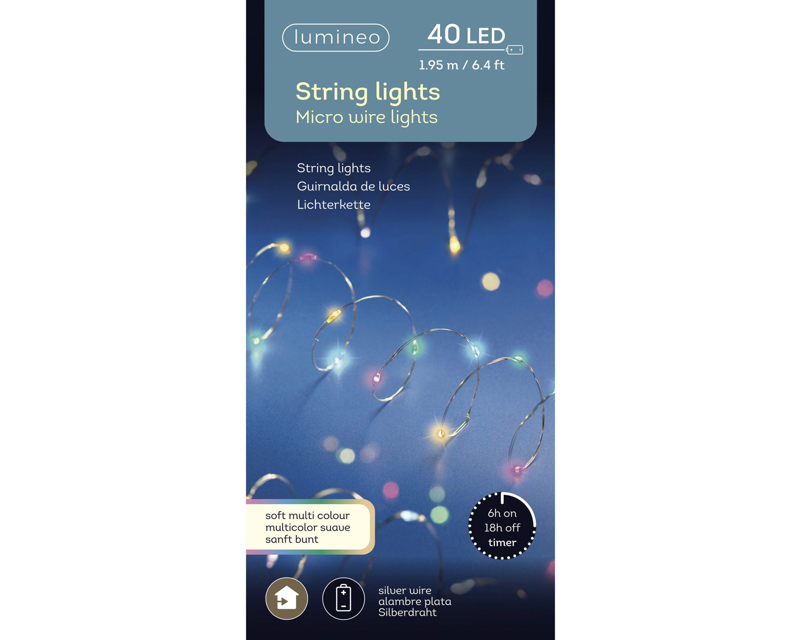 Lumineo LED-Lichterkette, LED Draht Lichterkette 1,95m Batterie 40 Micro-LEDs Soft Bunt
