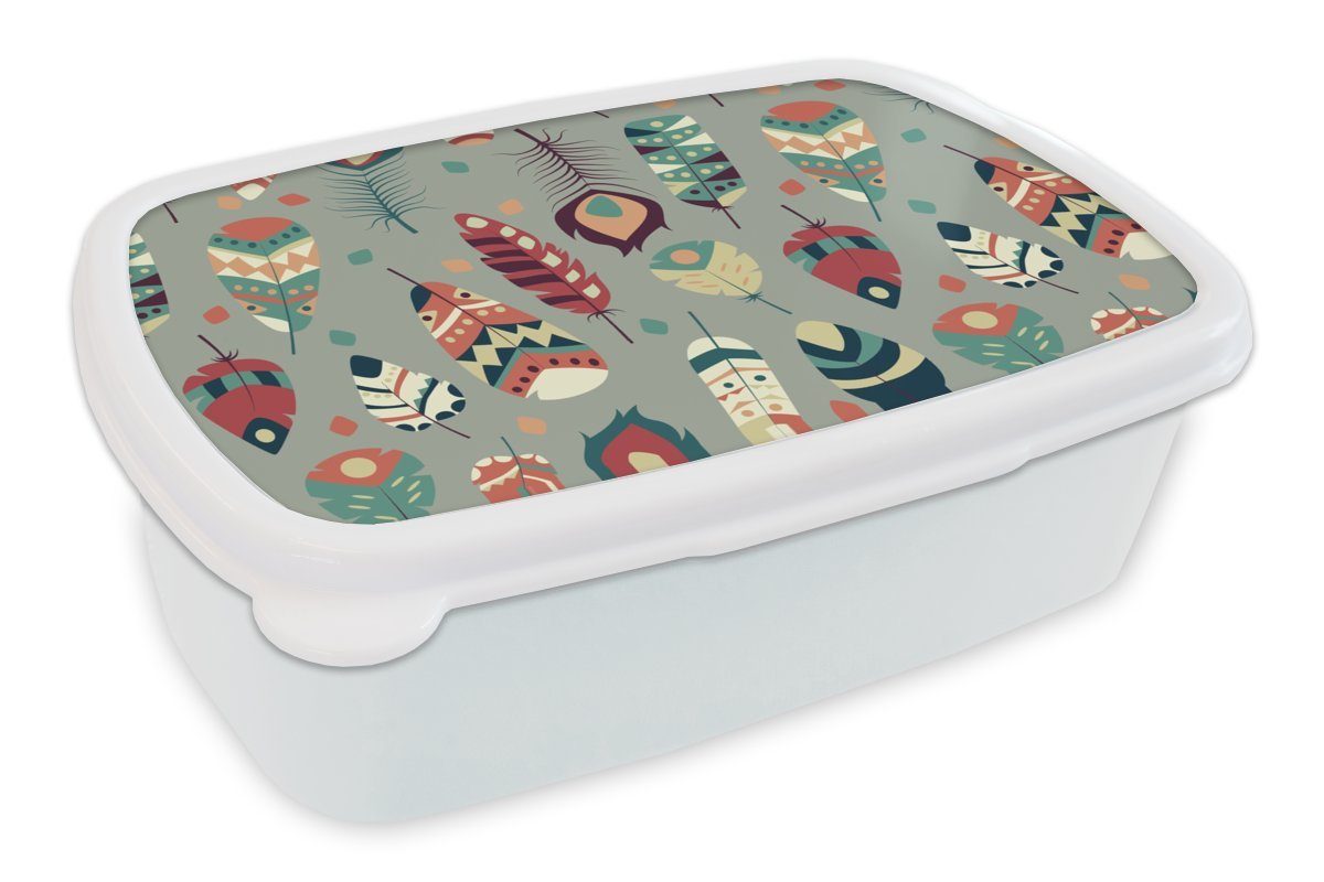 MuchoWow Lunchbox Teens - Federn - Muster, Kunststoff, (2-tlg), Brotbox für Kinder und Erwachsene, Brotdose, für Jungs und Mädchen weiß