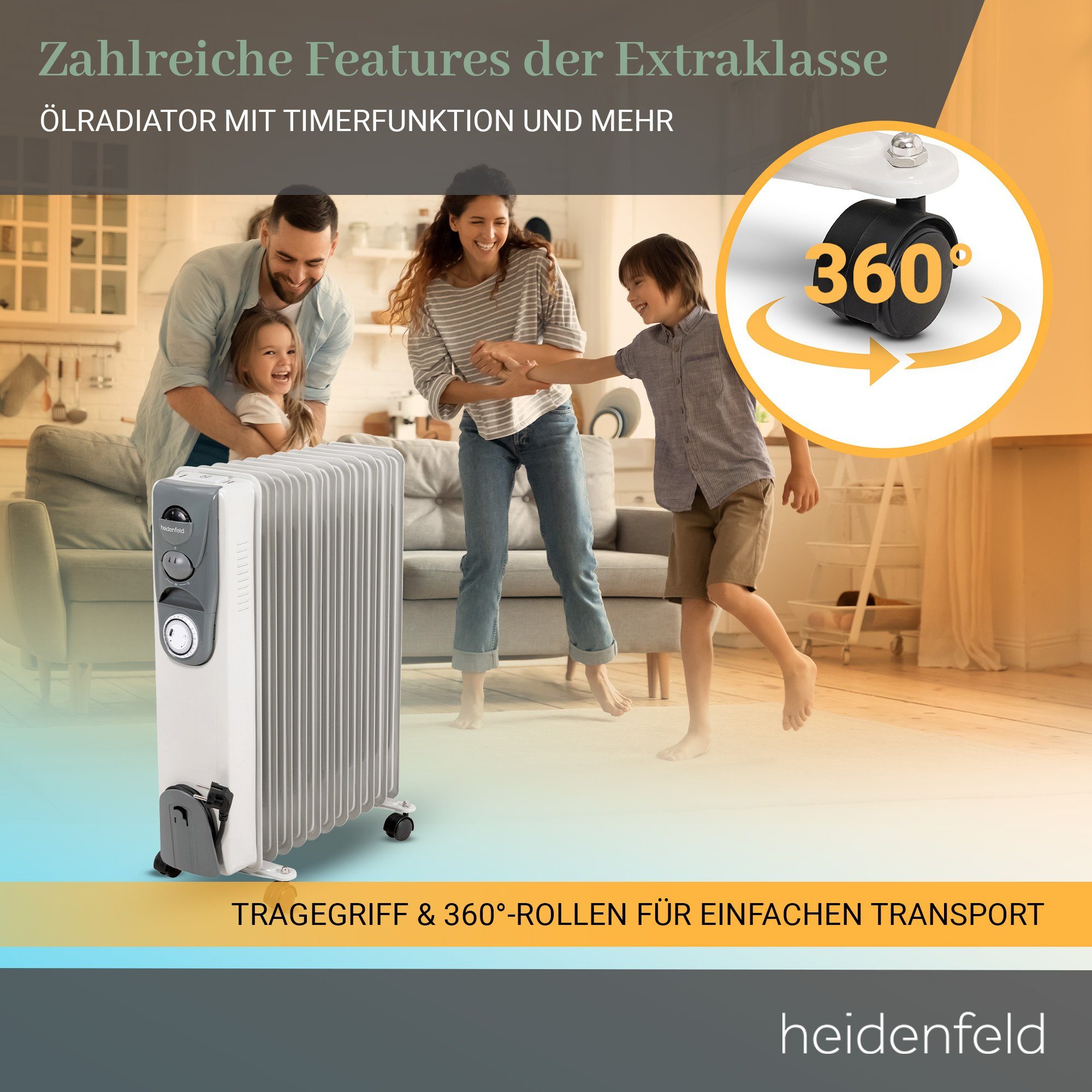 - Heizkörper ÖR200 Heizung Elektro inkl. - Mobiler Garantie, 2500 Ölradiator W, 3 Heidenfeld Heizstrahler Heizlüfter Thermostat - Elektroheizung J.