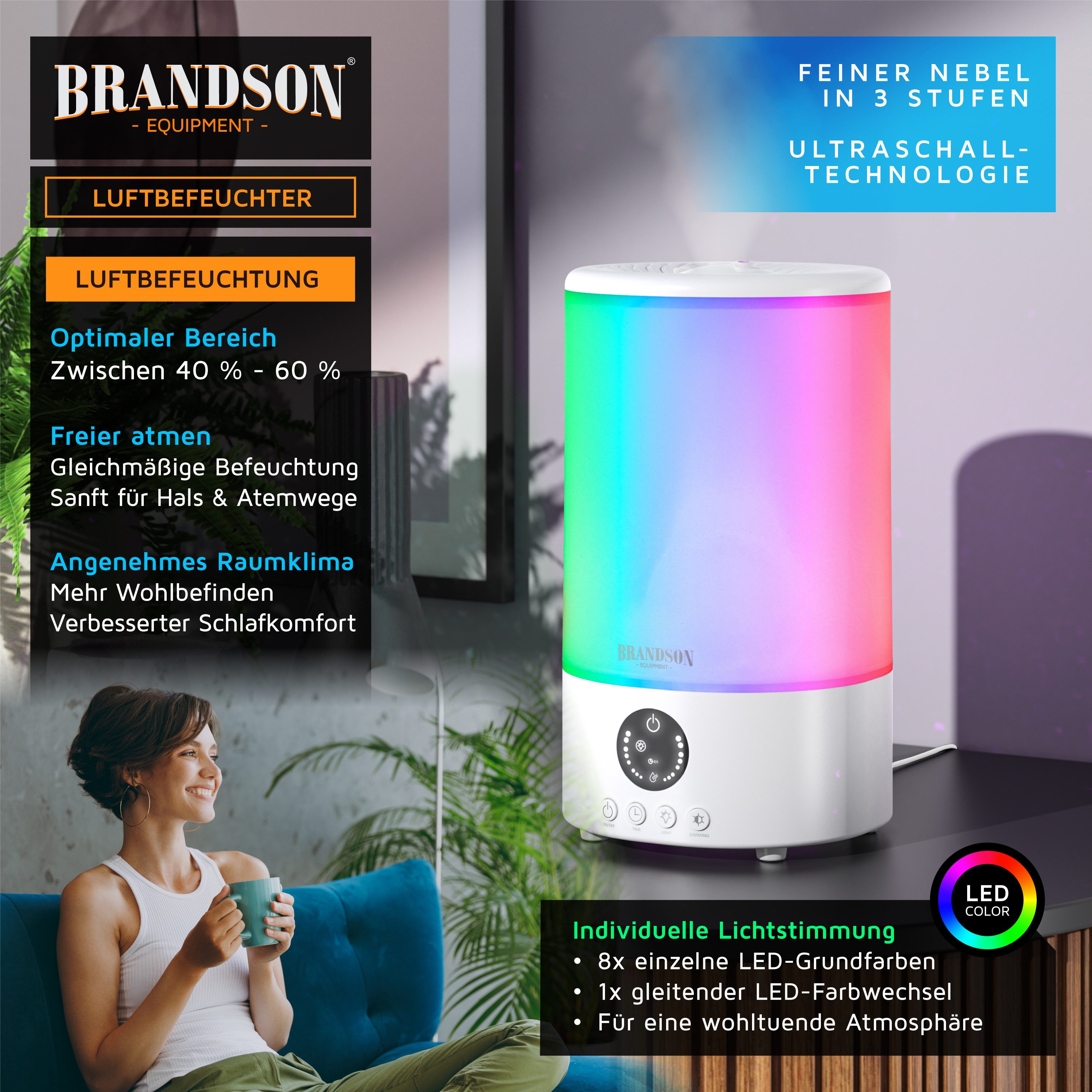 Brandson Luftbefeuchter, 2 l Wassertank, Fernbedienung, 3 Nebelstufen, Timer 1–8 h, leise 35 dBA, Sleep Modus