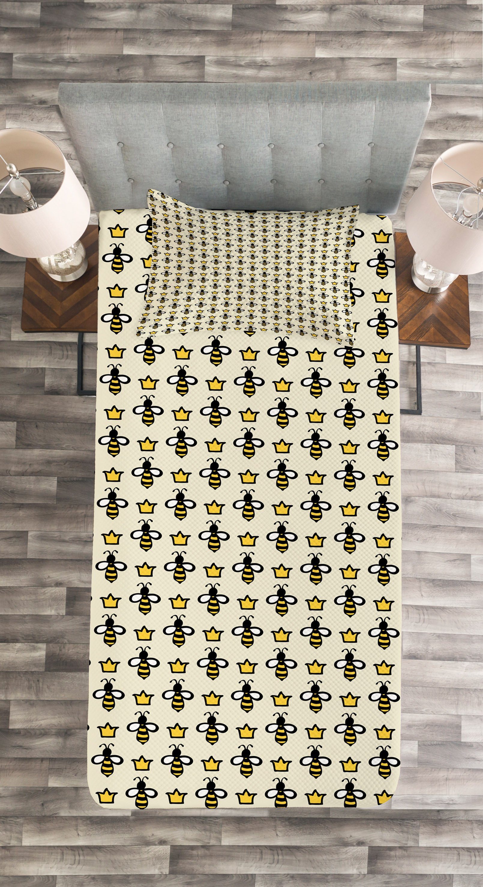 Tagesdecke Set mit Kissenbezügen Waschbar, Kronen Bienenkönigin Bees Abakuhaus, Cartoon-Stil